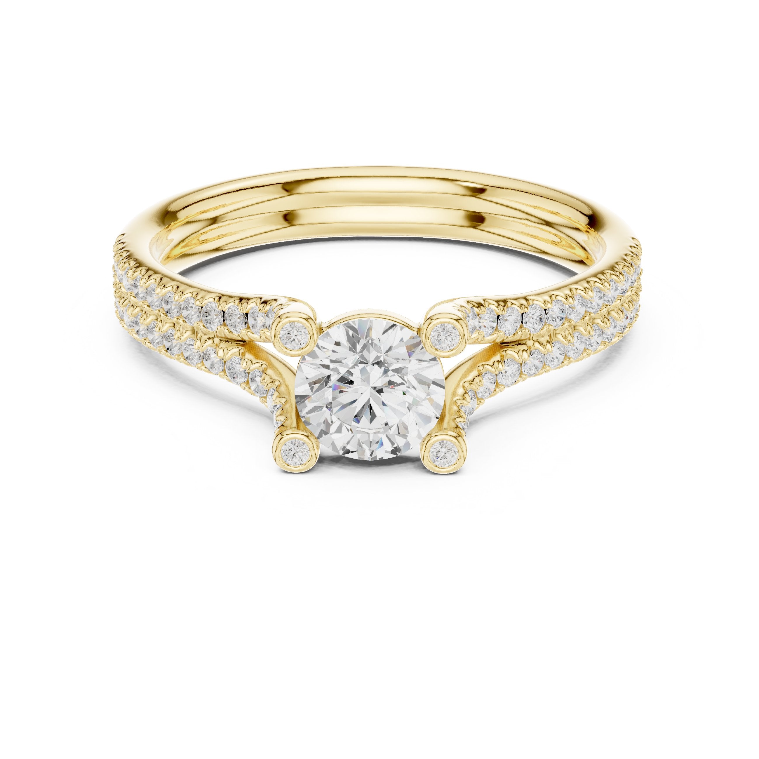 خاتم خطوبة ألماس مستدير بساق منقسم بافيه وتفاصيل جانبية in Yellow Gold - VYKA Diamonds