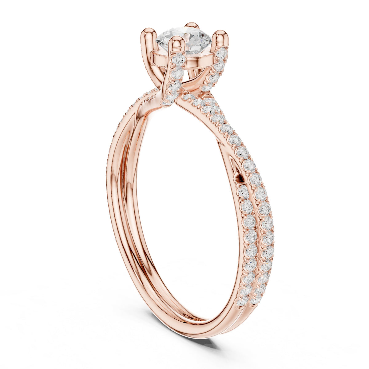 Round Diamond Bezel Set Engagement Ring with Twisted Pavé Shank