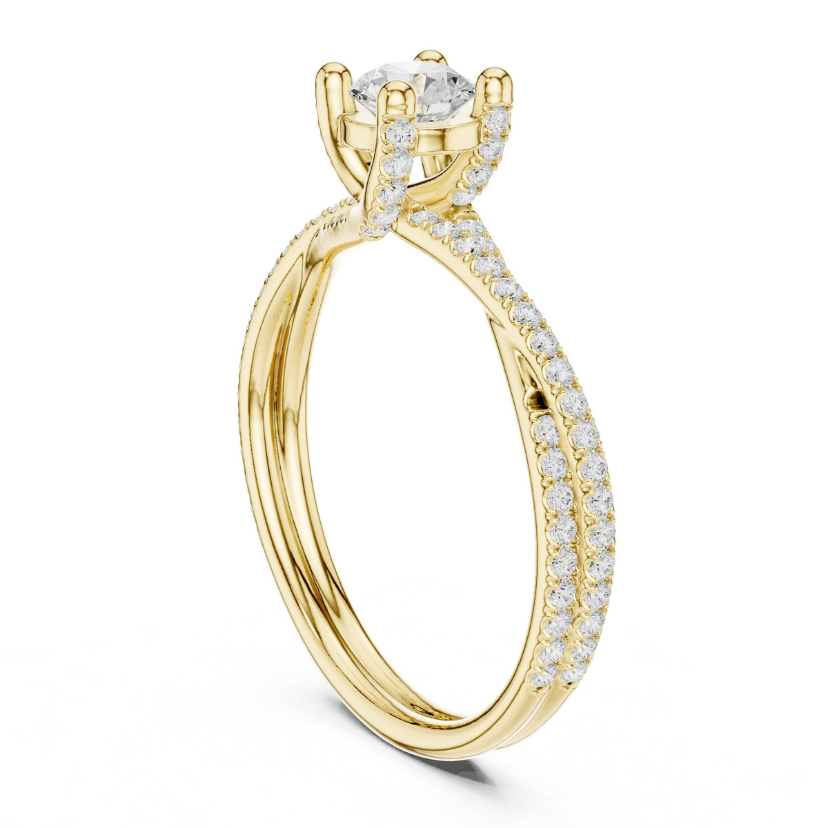 Round Diamond Bezel Set Engagement Ring with Twisted Pavé Shank