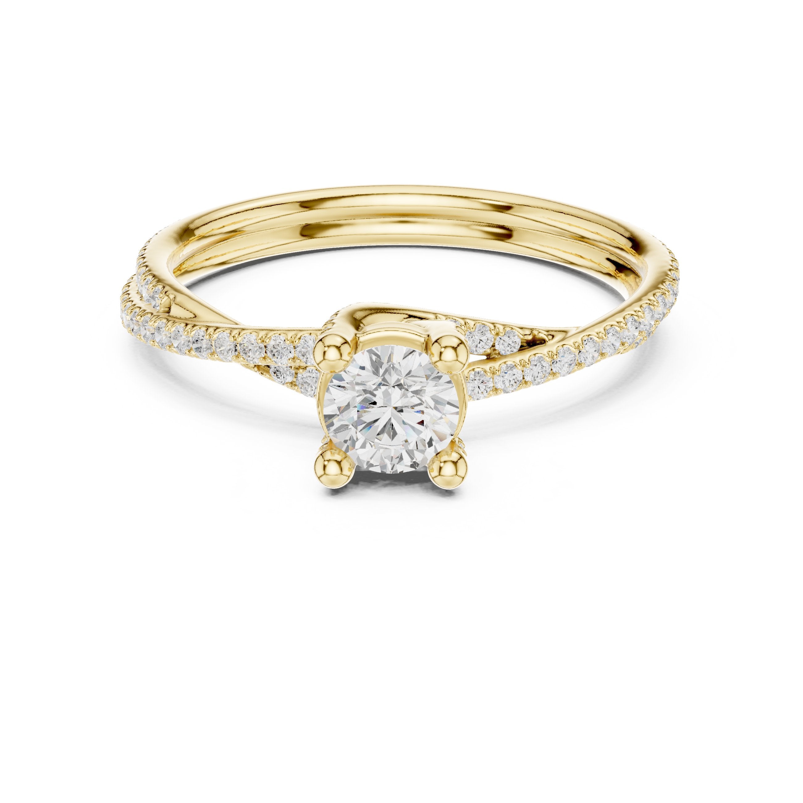 Round Diamond Bezel Set Engagement Ring with Twisted Pavé Shank in Yellow Gold - VYKA Diamonds