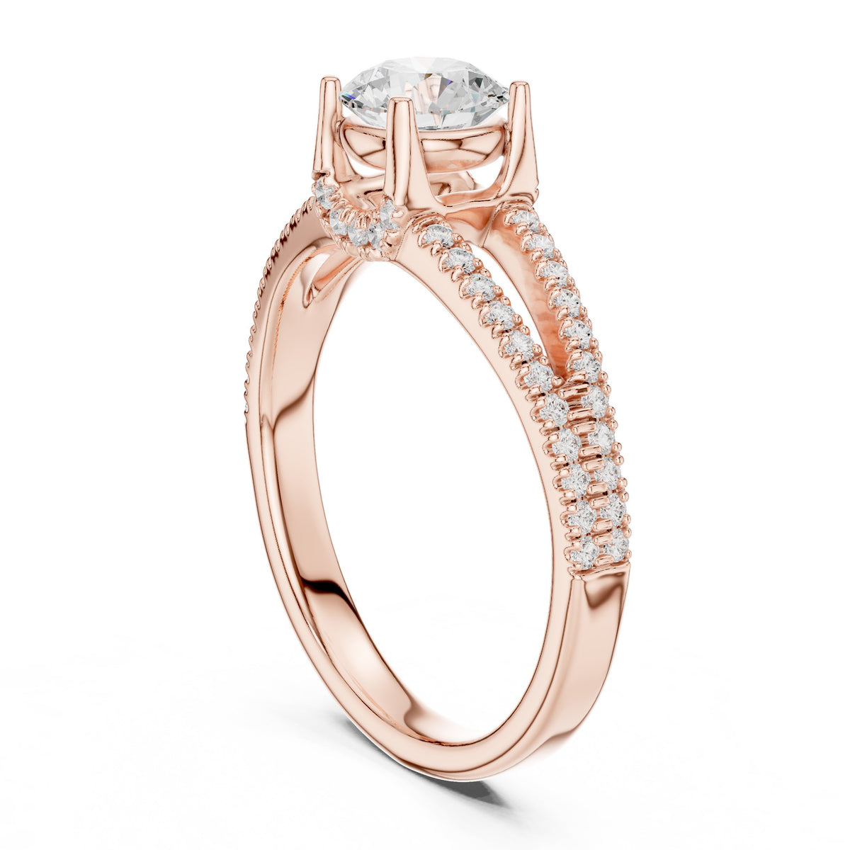 Round Diamond Engagement Ring with Double Row Split Shank Pavé Band