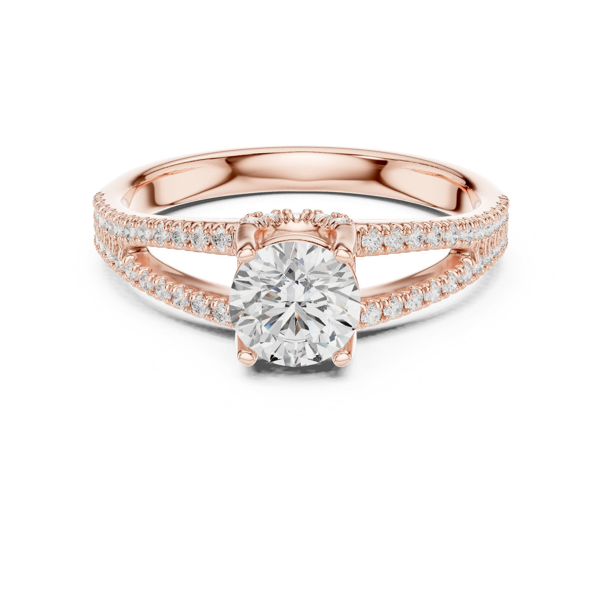 Round Diamond Engagement Ring with Double Row Split Shank Pavé Band