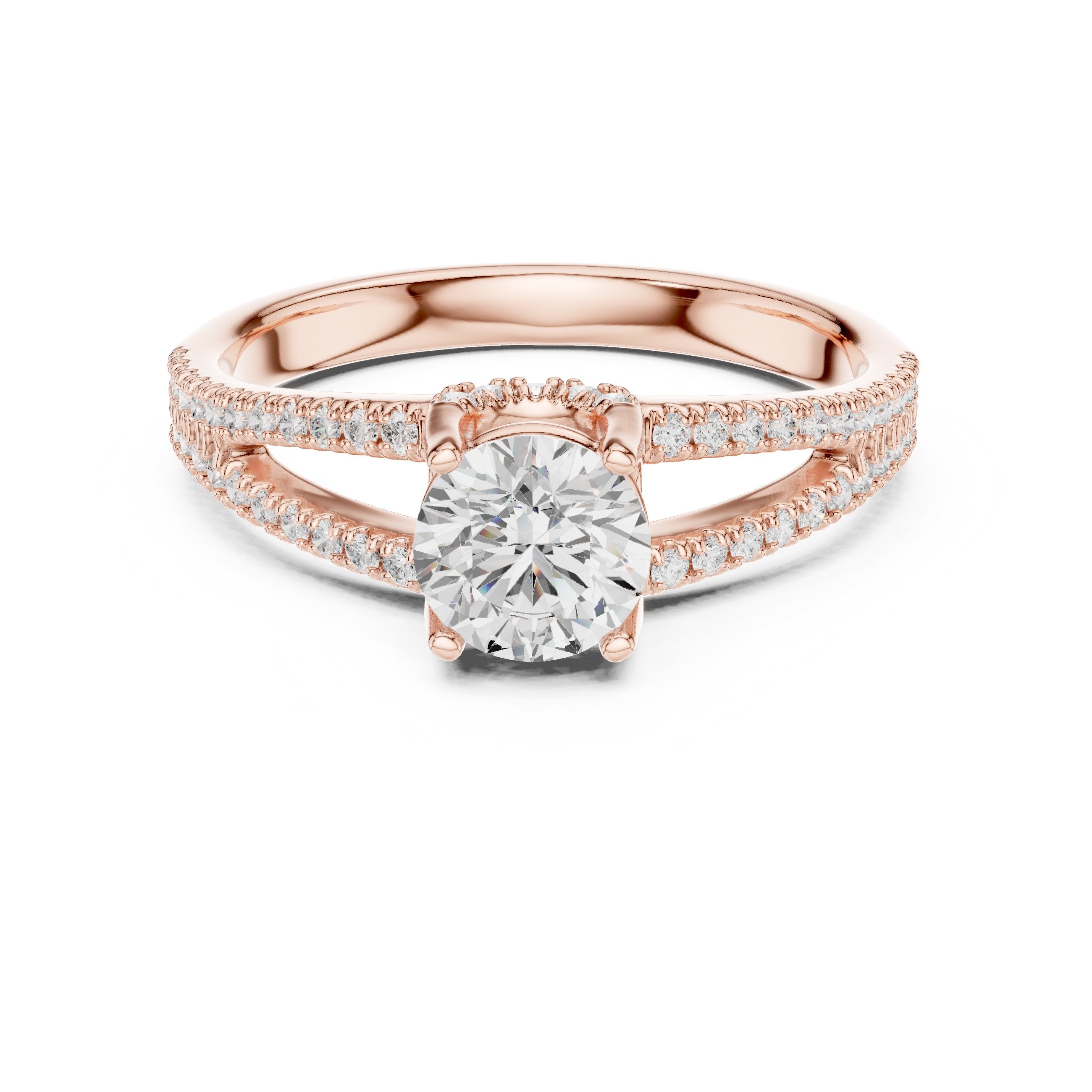 خاتم خطوبة ألماس مستدير بساق منقسم بافيه مزدوج الصفوف in Rose Gold - VYKA Diamonds