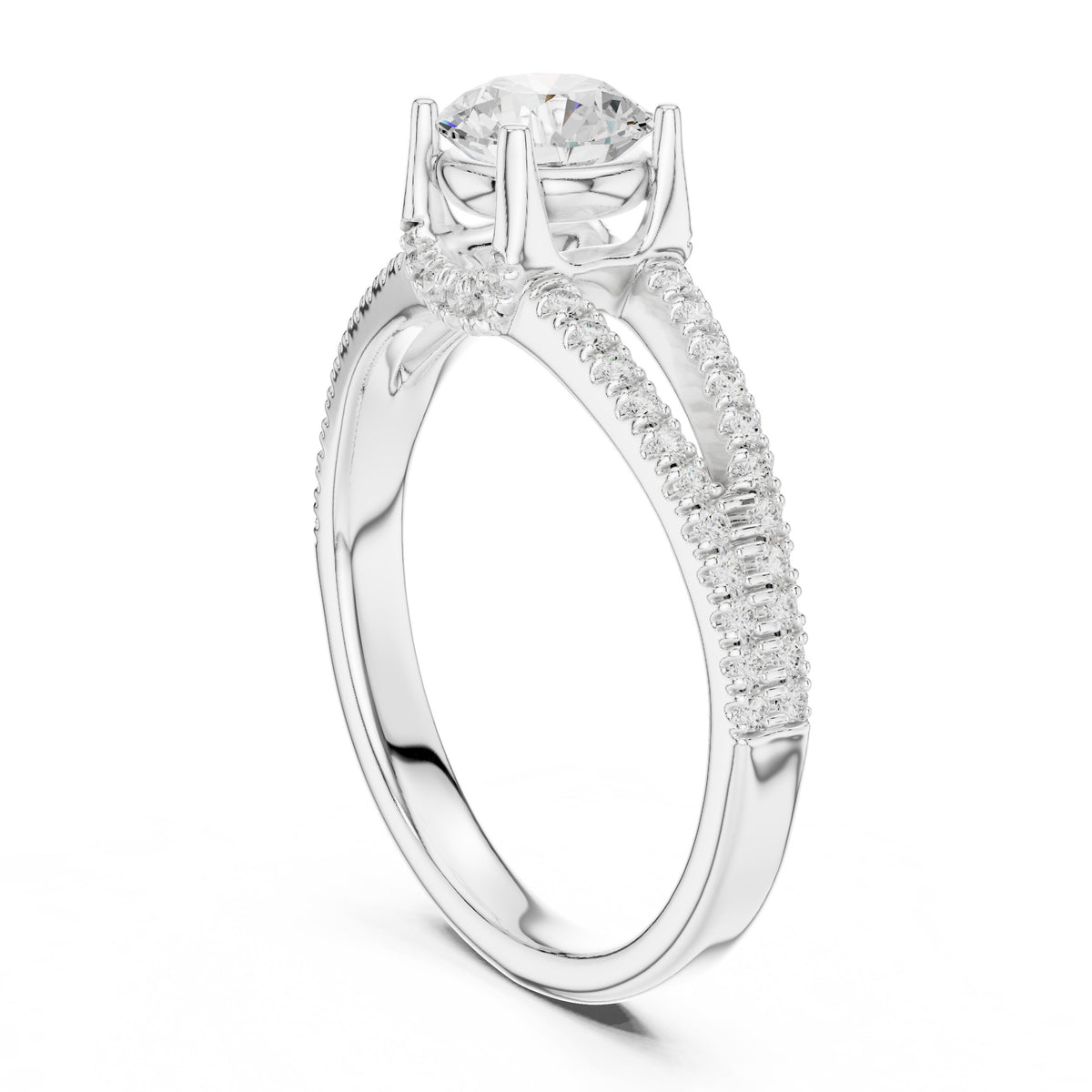 Round Diamond Engagement Ring with Double Row Split Shank Pavé Band
