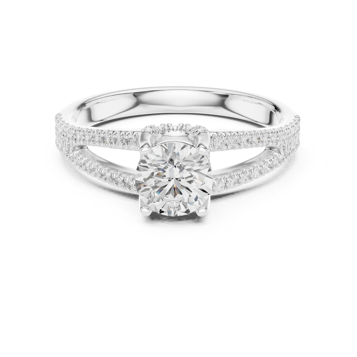 Round Diamond Engagement Ring with Double Row Split Shank Pavé Band