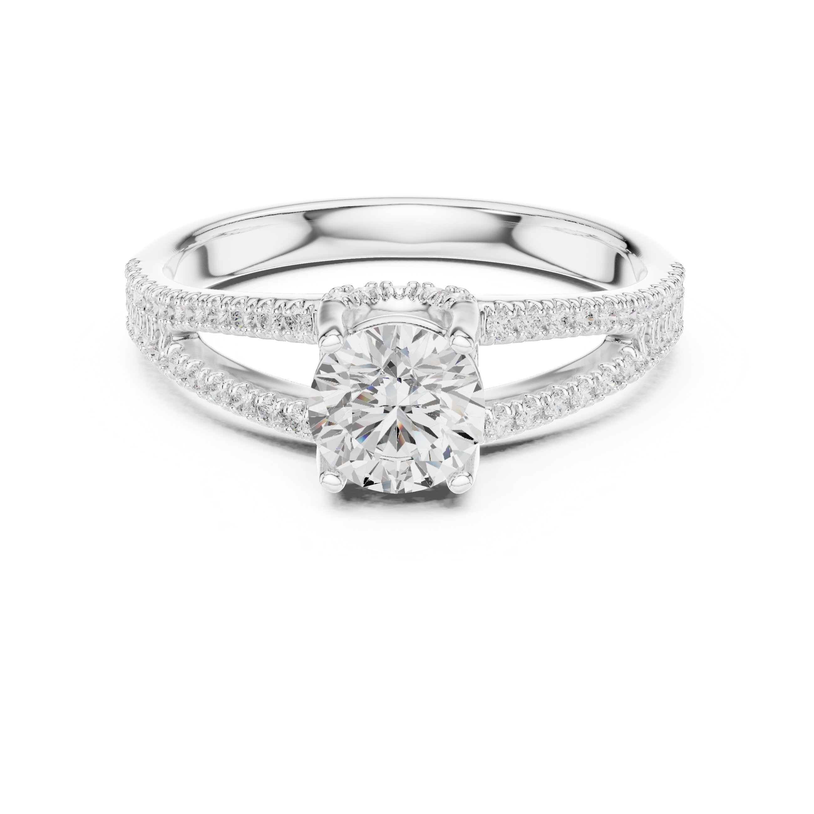 خاتم خطوبة ألماس مستدير بساق منقسم بافيه مزدوج الصفوف in White Gold - VYKA Diamonds