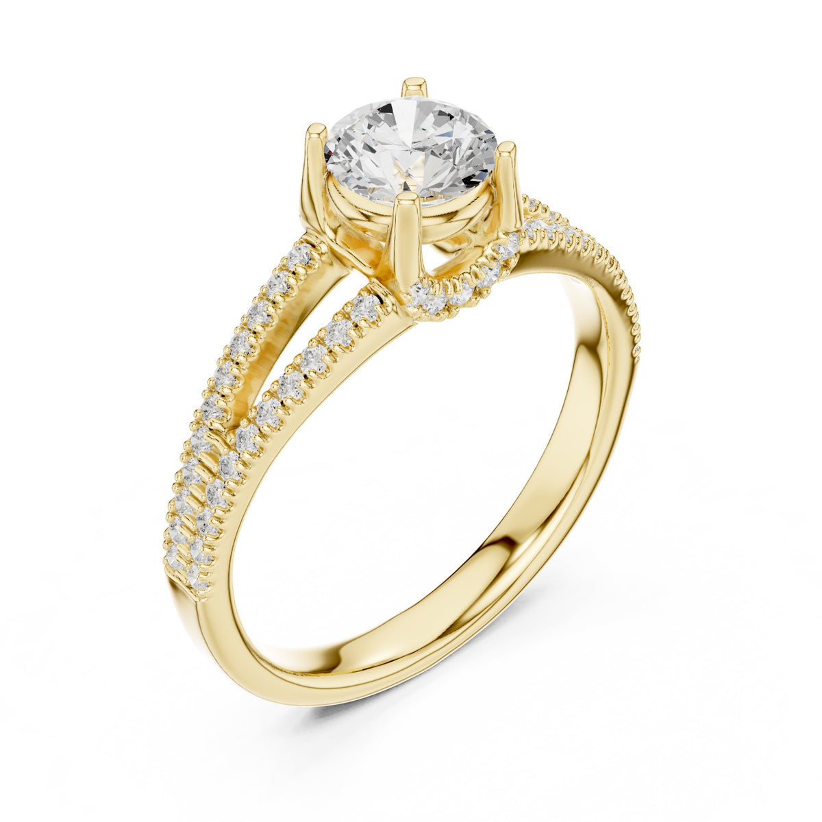 Round Diamond Engagement Ring with Double Row Split Shank Pavé Band