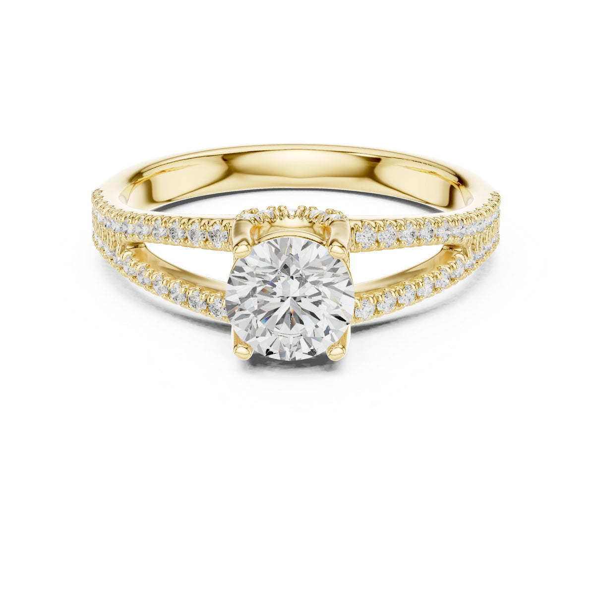 Round Diamond Engagement Ring with Double Row Split Shank Pavé Band