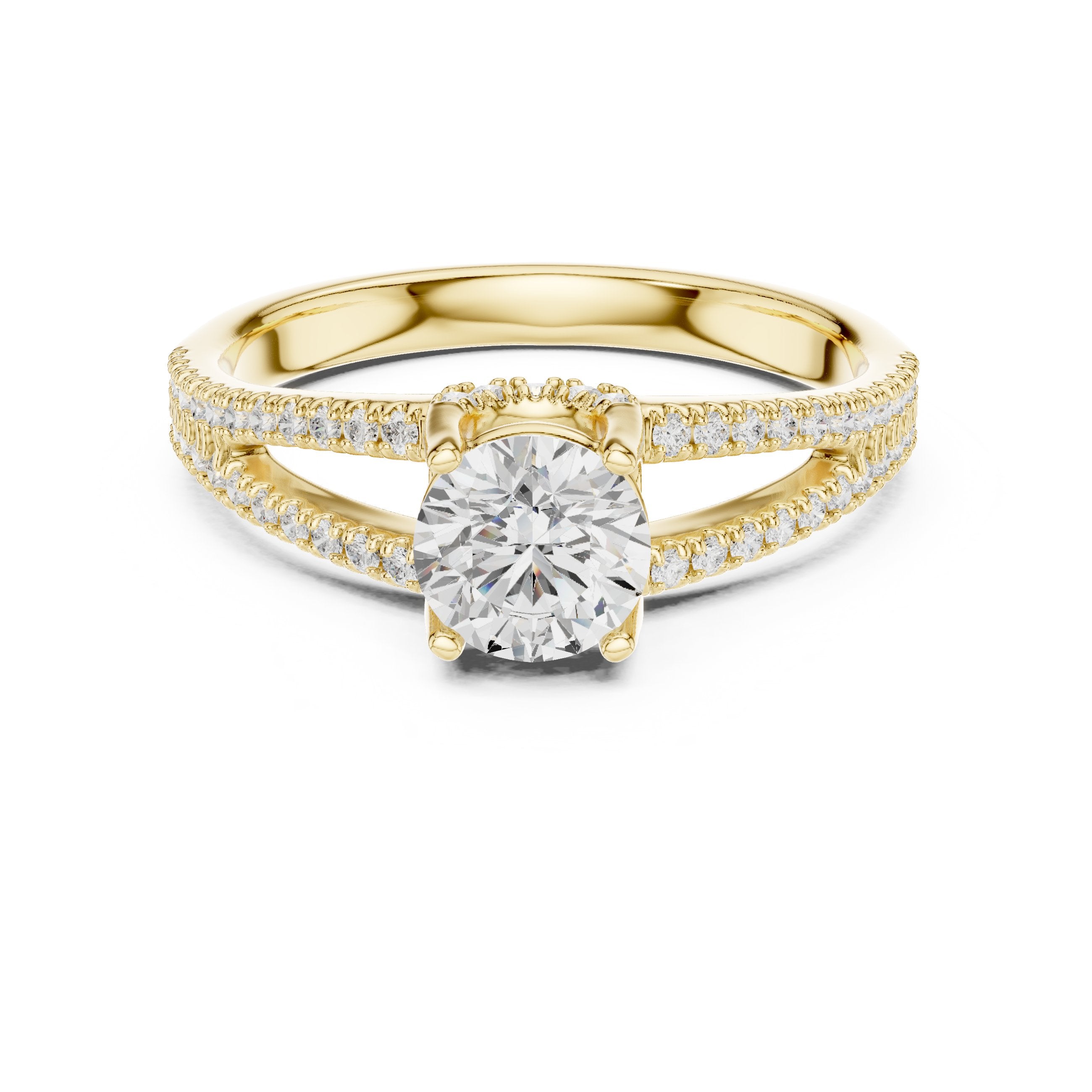 خاتم خطوبة ألماس مستدير بساق منقسم بافيه مزدوج الصفوف in Yellow Gold - VYKA Diamonds