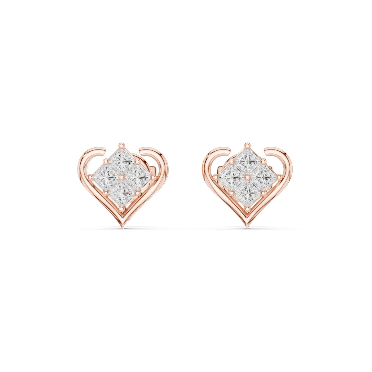 Heart Princess Cluster Diamond Stud Earrings