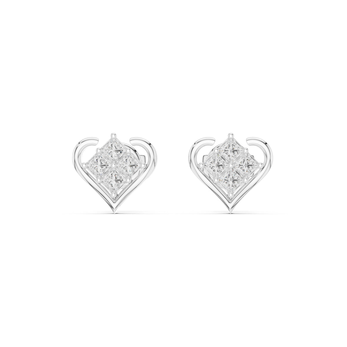 Heart Princess Cluster Diamond Stud Earrings
