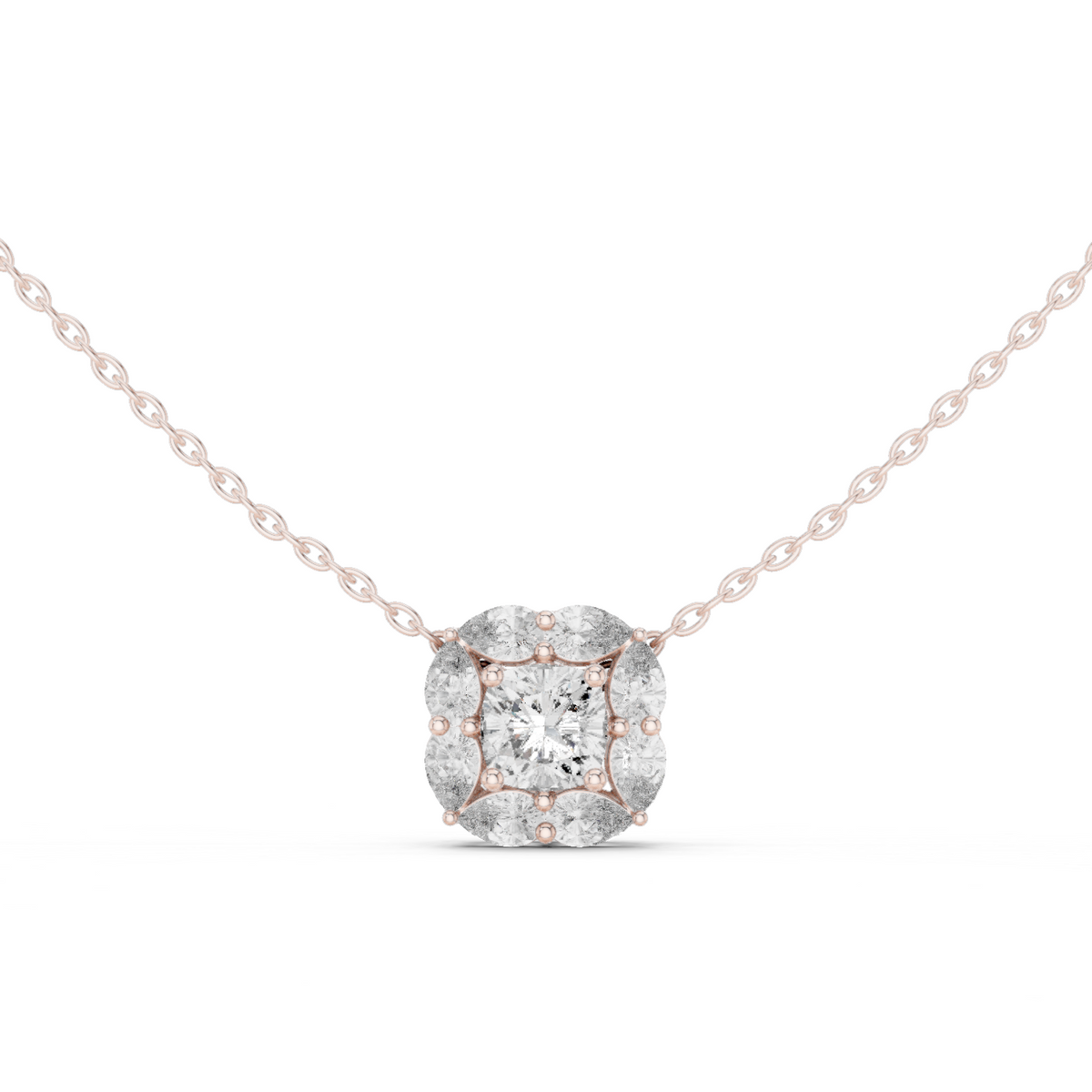 عقد بألماسة كوشن وهالة كمثرى in Rose Gold - VYKA Diamonds