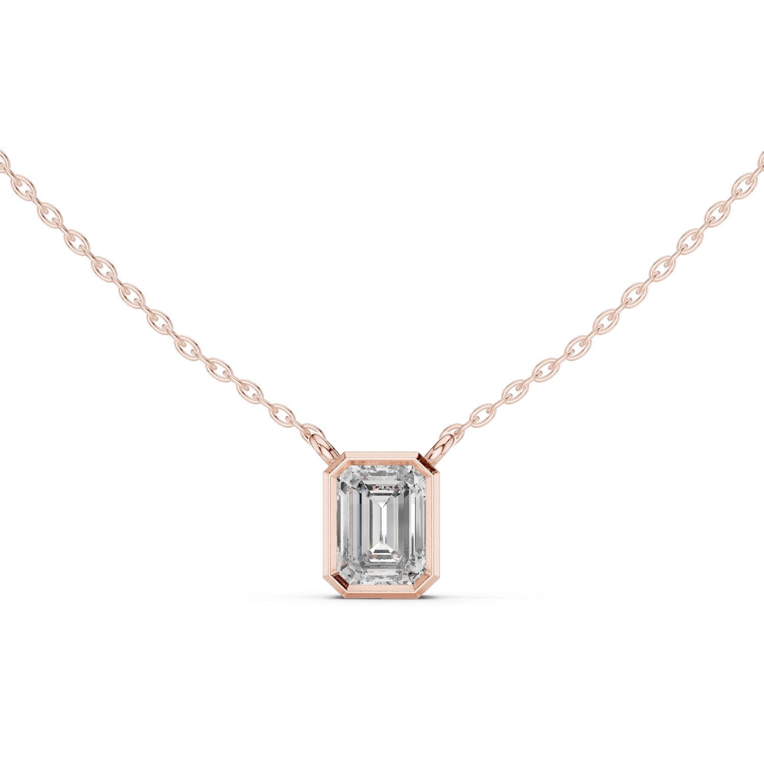 Emerald Cut Bezel Diamond Pendant in Rose Gold - VYKA Diamonds