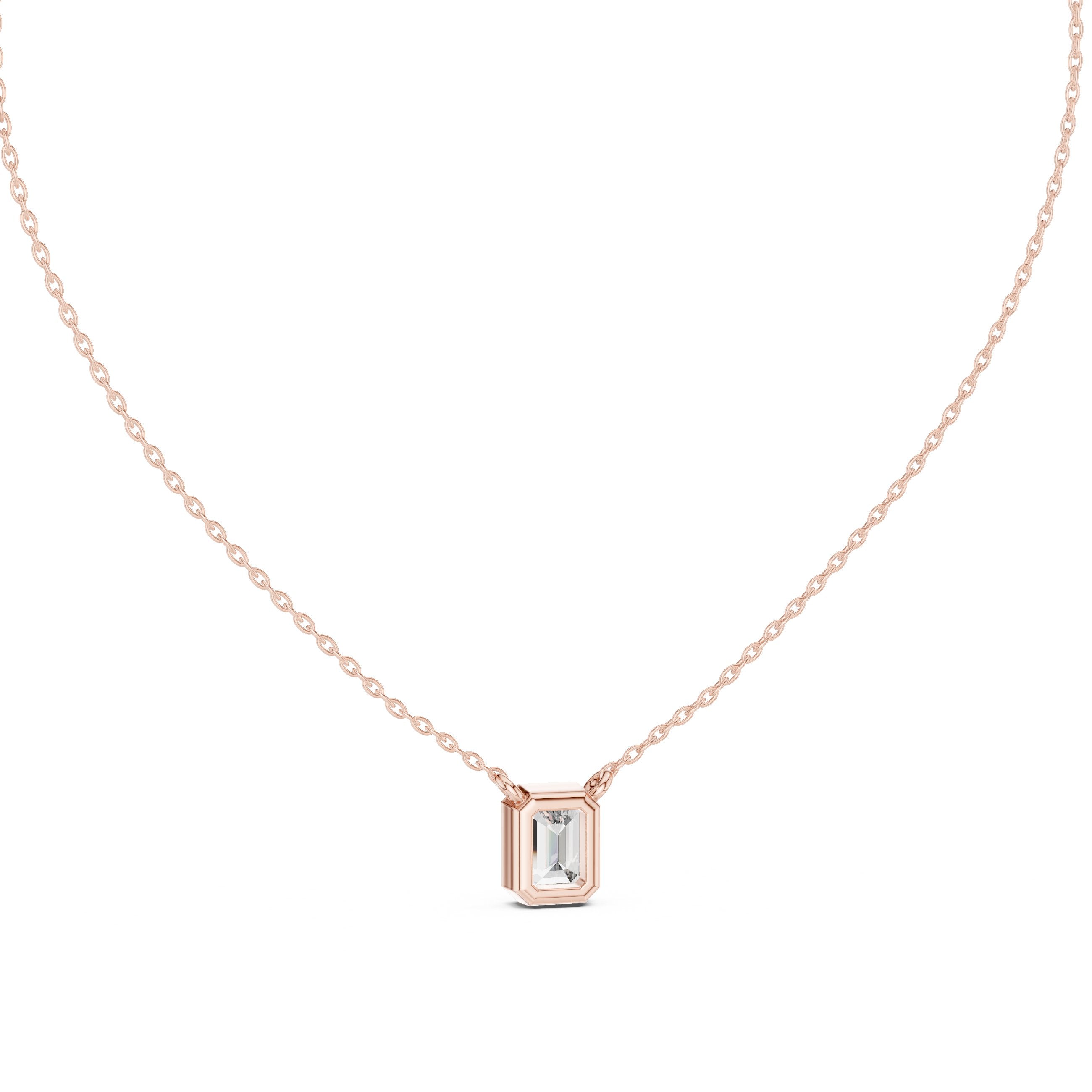 Emerald Cut Bezel Diamond Pendant in Rose Gold - VYKA Diamonds
