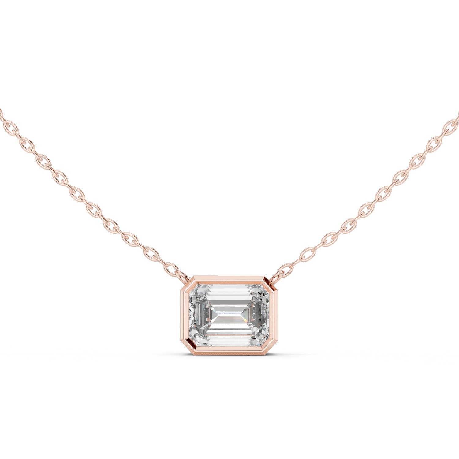 East-West Emerald Bezel Diamond Pendant in Rose Gold - VYKA Diamonds