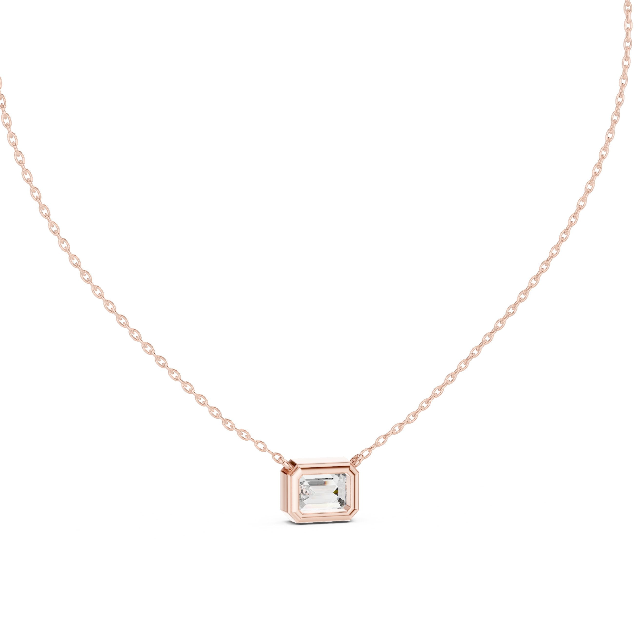 East-West Emerald Bezel Diamond Pendant in Rose Gold - VYKA Diamonds