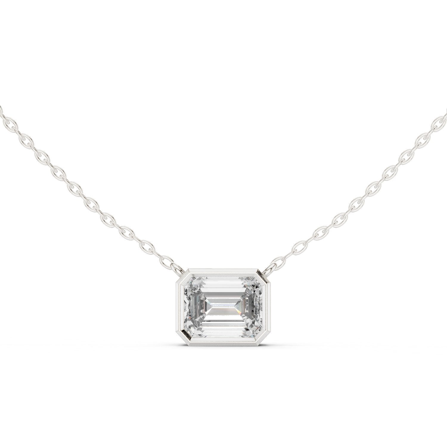 East-West Emerald Bezel Diamond Pendant in White Gold - VYKA Diamonds
