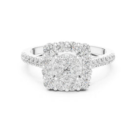 Round Diamond Cushion Cluster Halo Engagement Ring