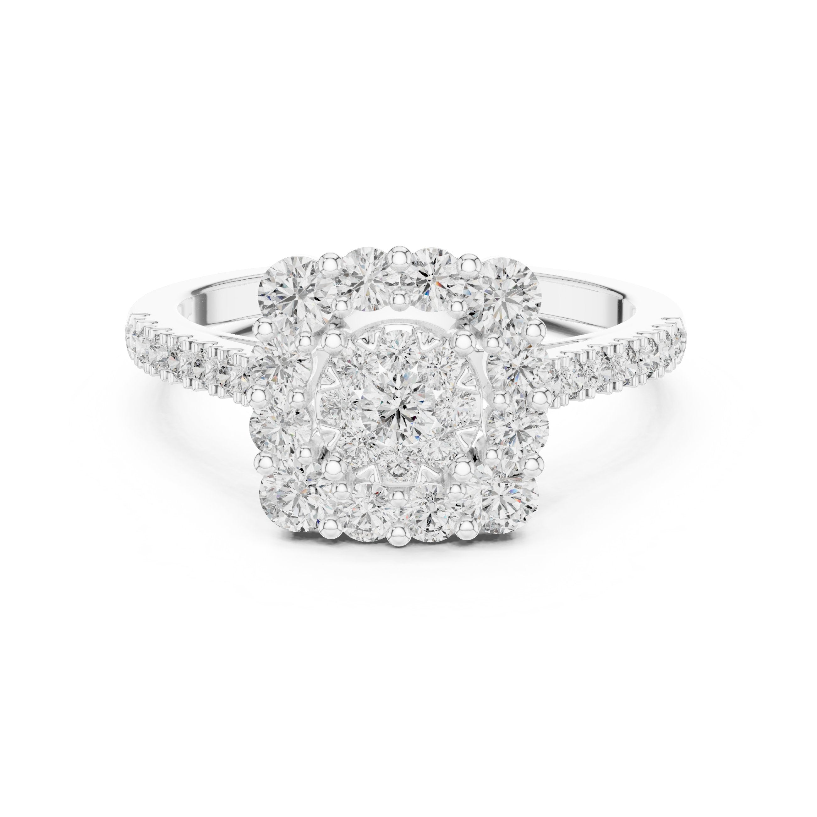 Round Diamond Cushion Cluster Halo Engagement Ring in White Gold - VYKA Diamonds