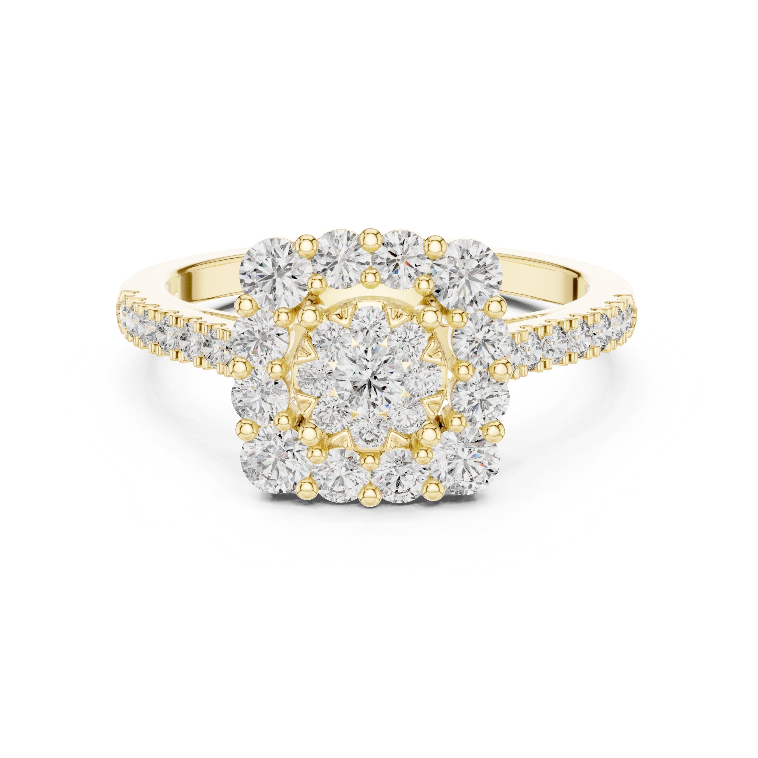 Round Diamond Cushion Cluster Halo Engagement Ring in Yellow Gold - VYKA Diamonds