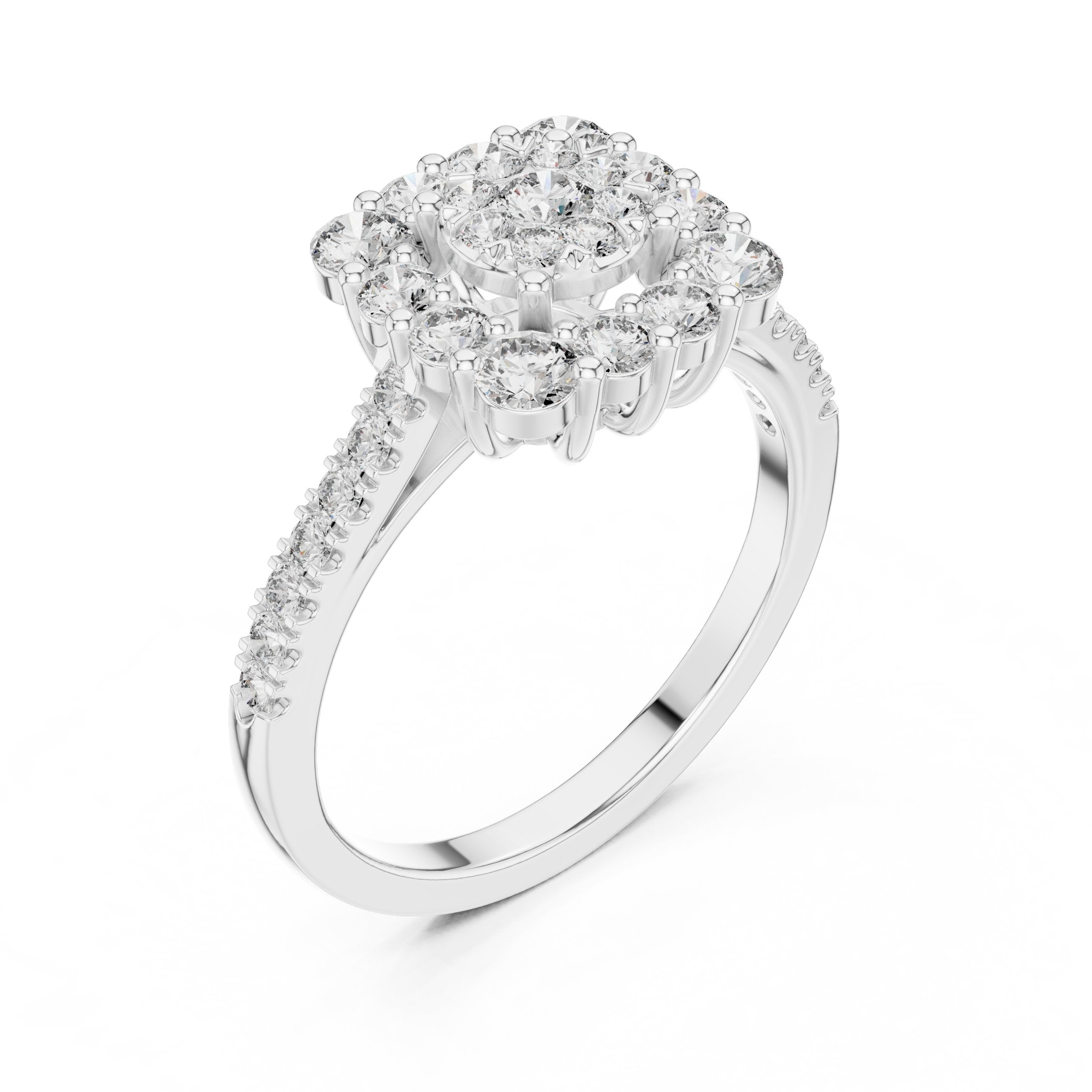Round Diamond Cushion Cluster Halo Engagement Ring in White Gold - VYKA Diamonds