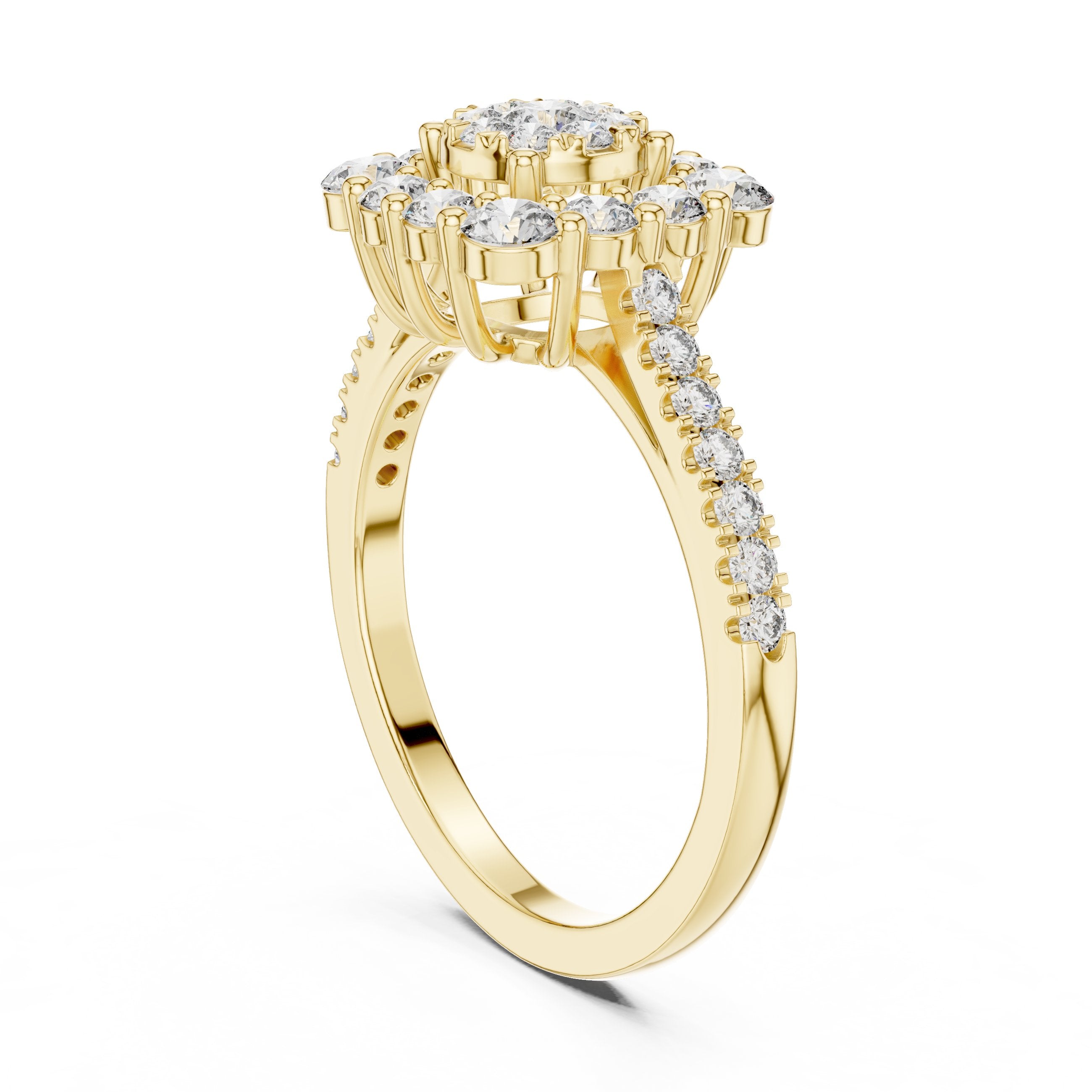 Round Diamond Cushion Cluster Halo Engagement Ring in Yellow Gold - VYKA Diamonds
