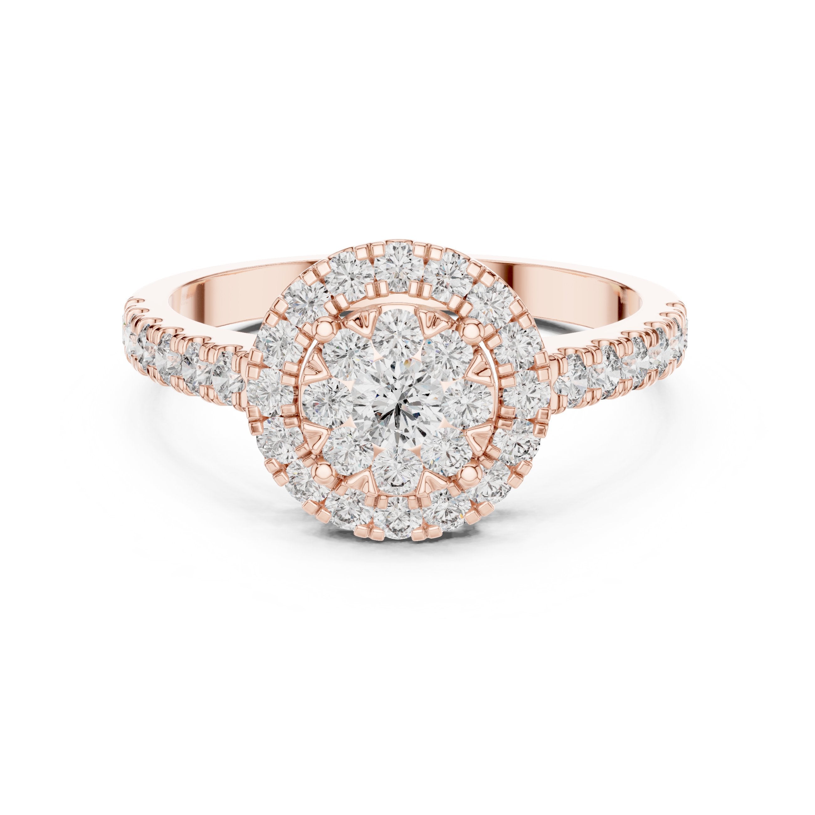Round Diamond Cluster Double Halo Engagement Ring in Rose Gold - VYKA Diamonds