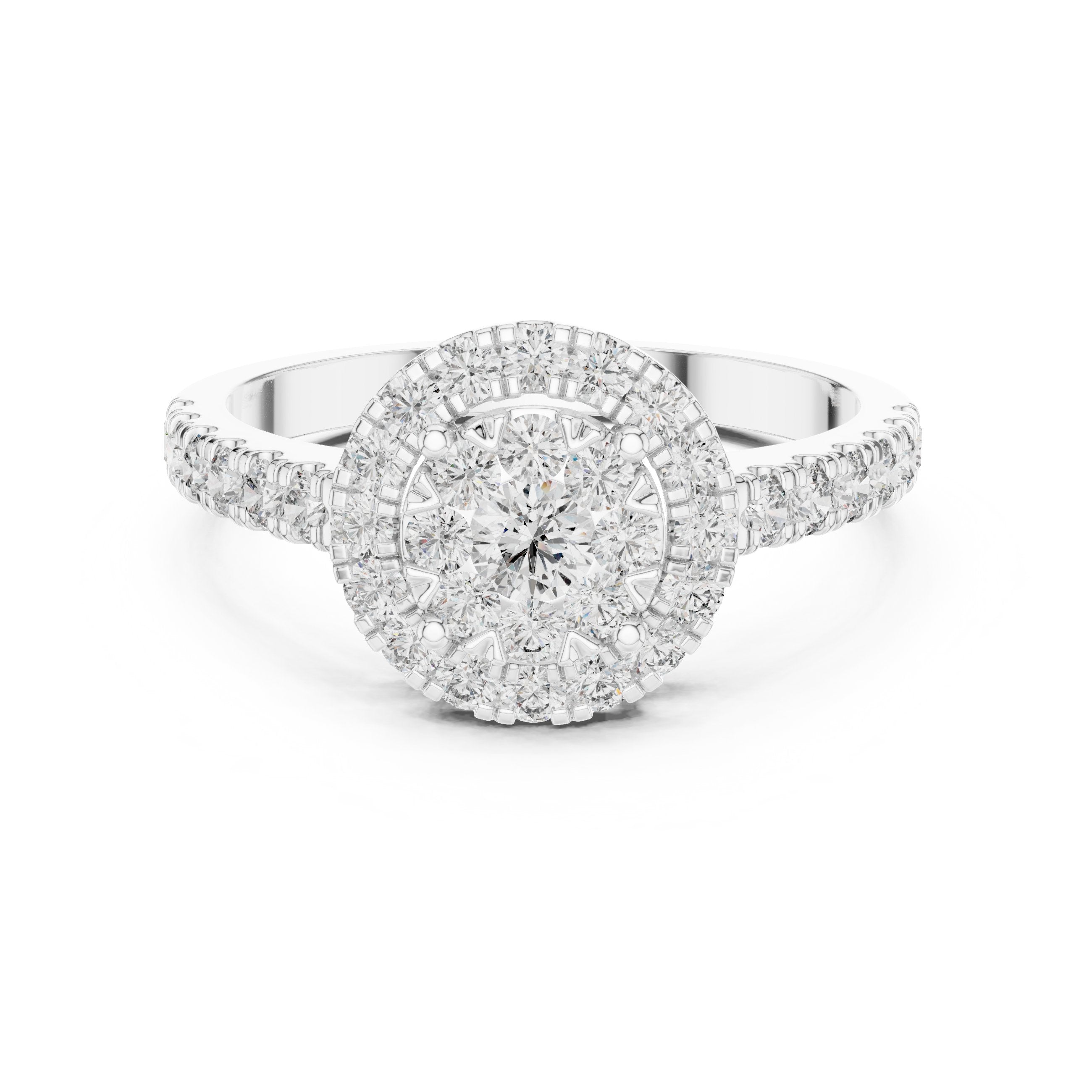 Round Diamond Cluster Double Halo Engagement Ring in White Gold - VYKA Diamonds