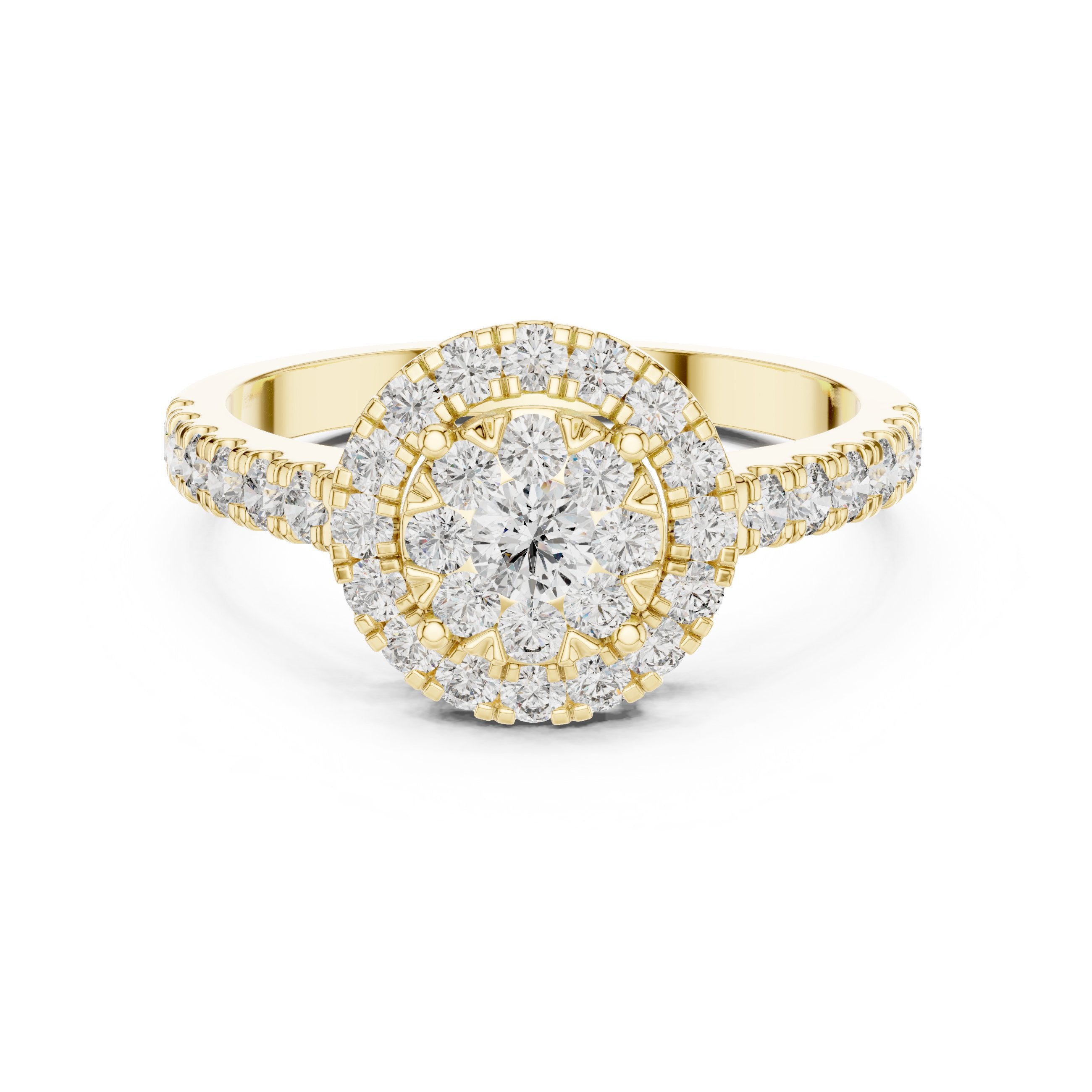 Round Diamond Cluster Double Halo Engagement Ring in Yellow Gold - VYKA Diamonds