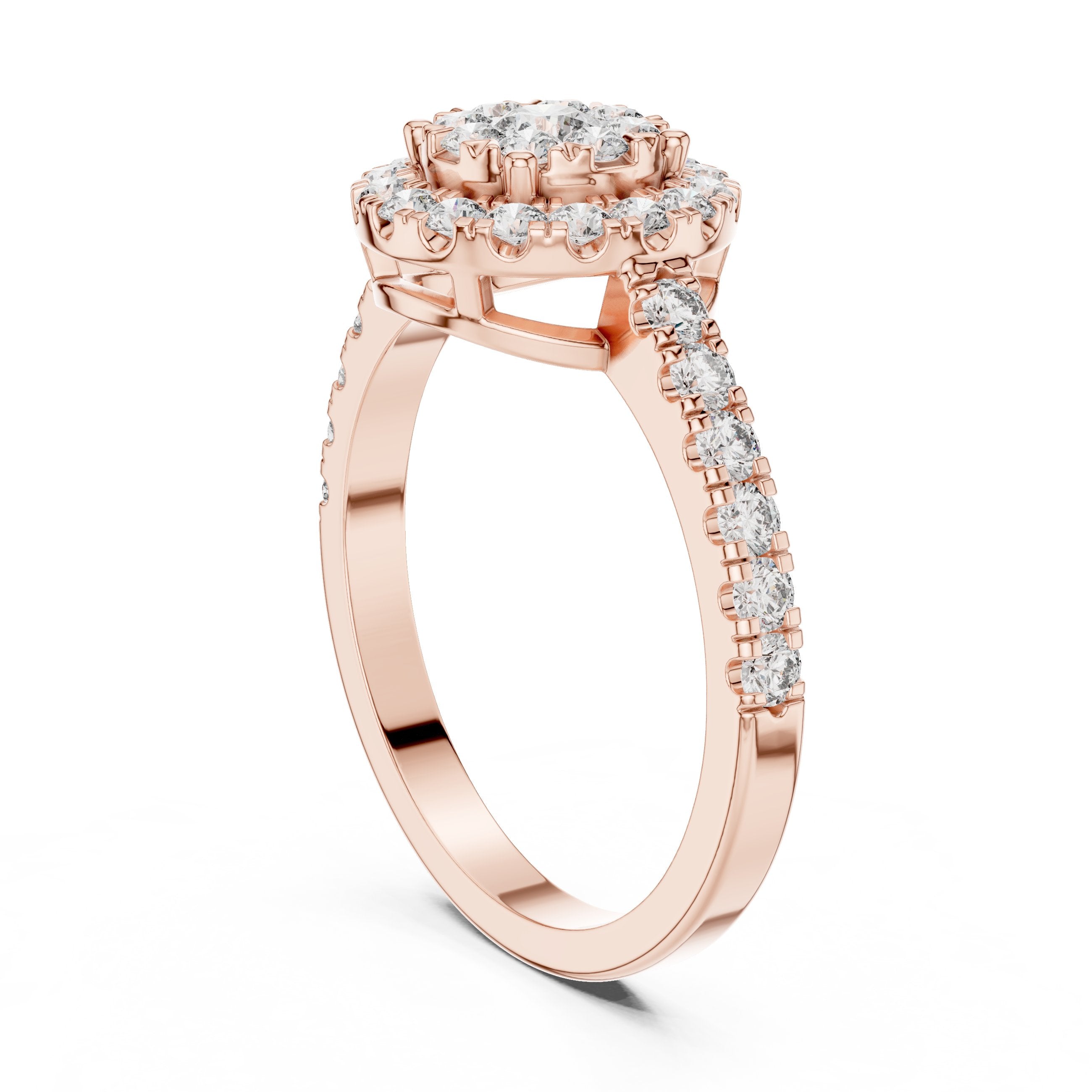 Round Diamond Cluster Double Halo Engagement Ring in Rose Gold - VYKA Diamonds