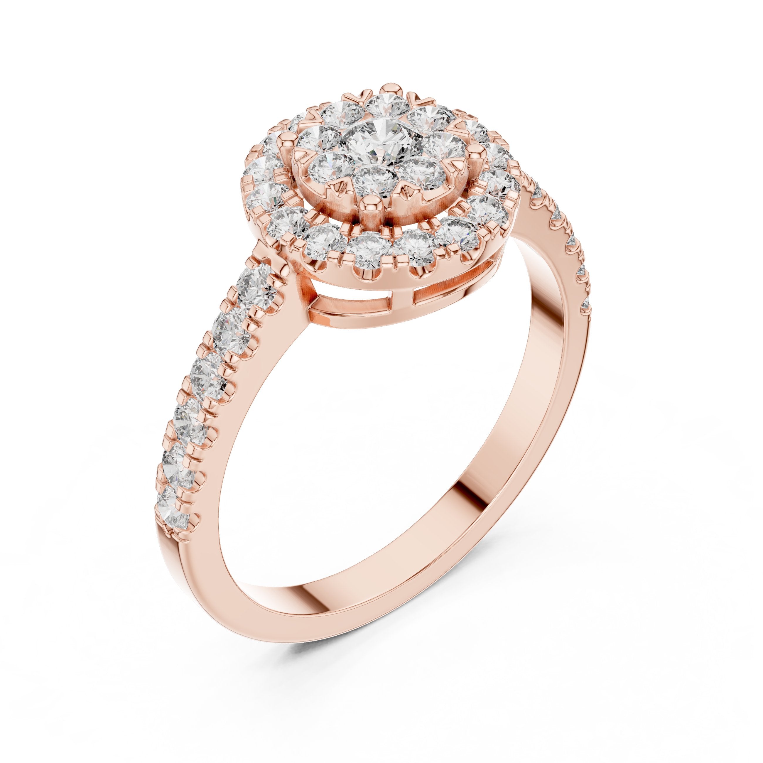 Round Diamond Cluster Double Halo Engagement Ring in Rose Gold - VYKA Diamonds