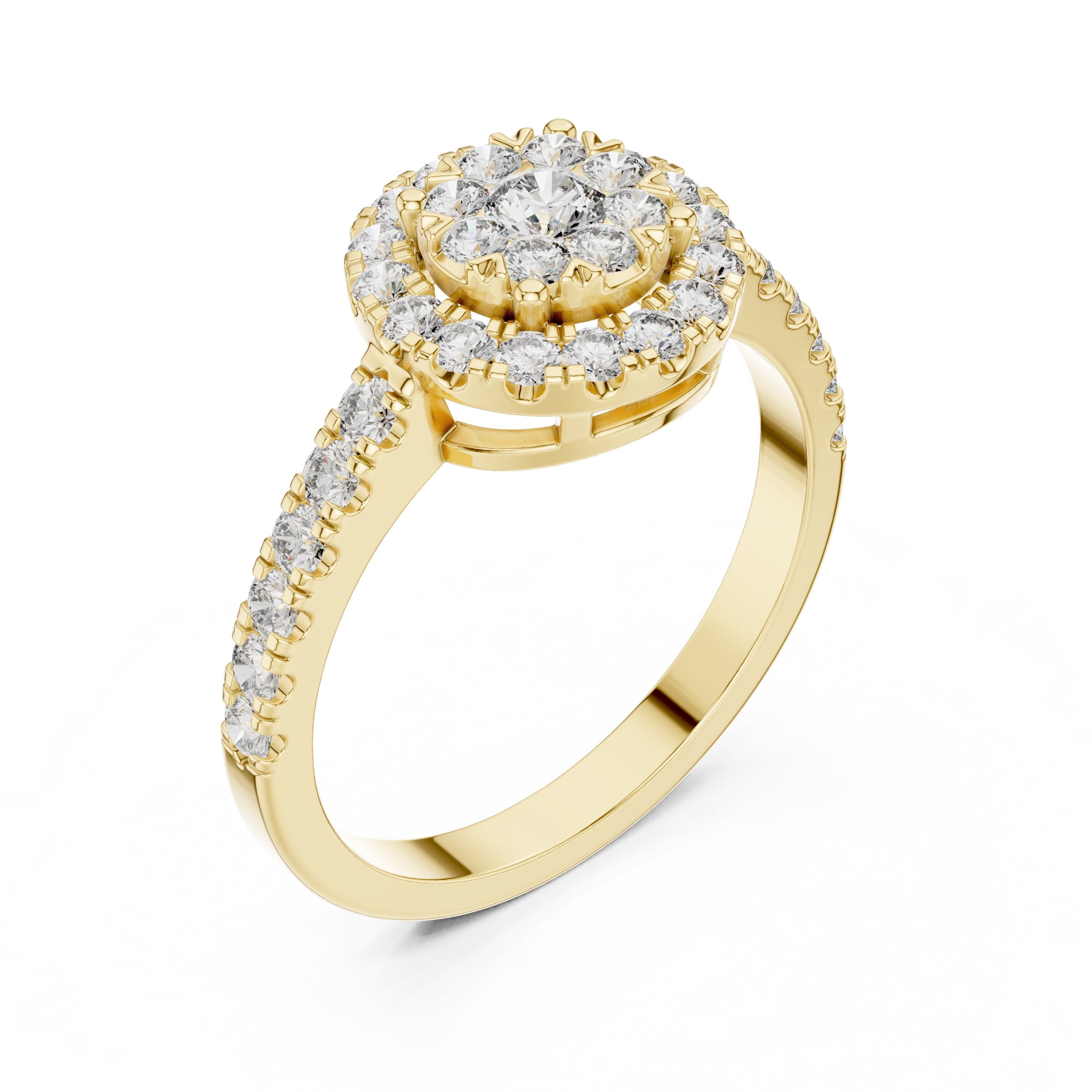Round Diamond Cluster Double Halo Engagement Ring in Yellow Gold - VYKA Diamonds