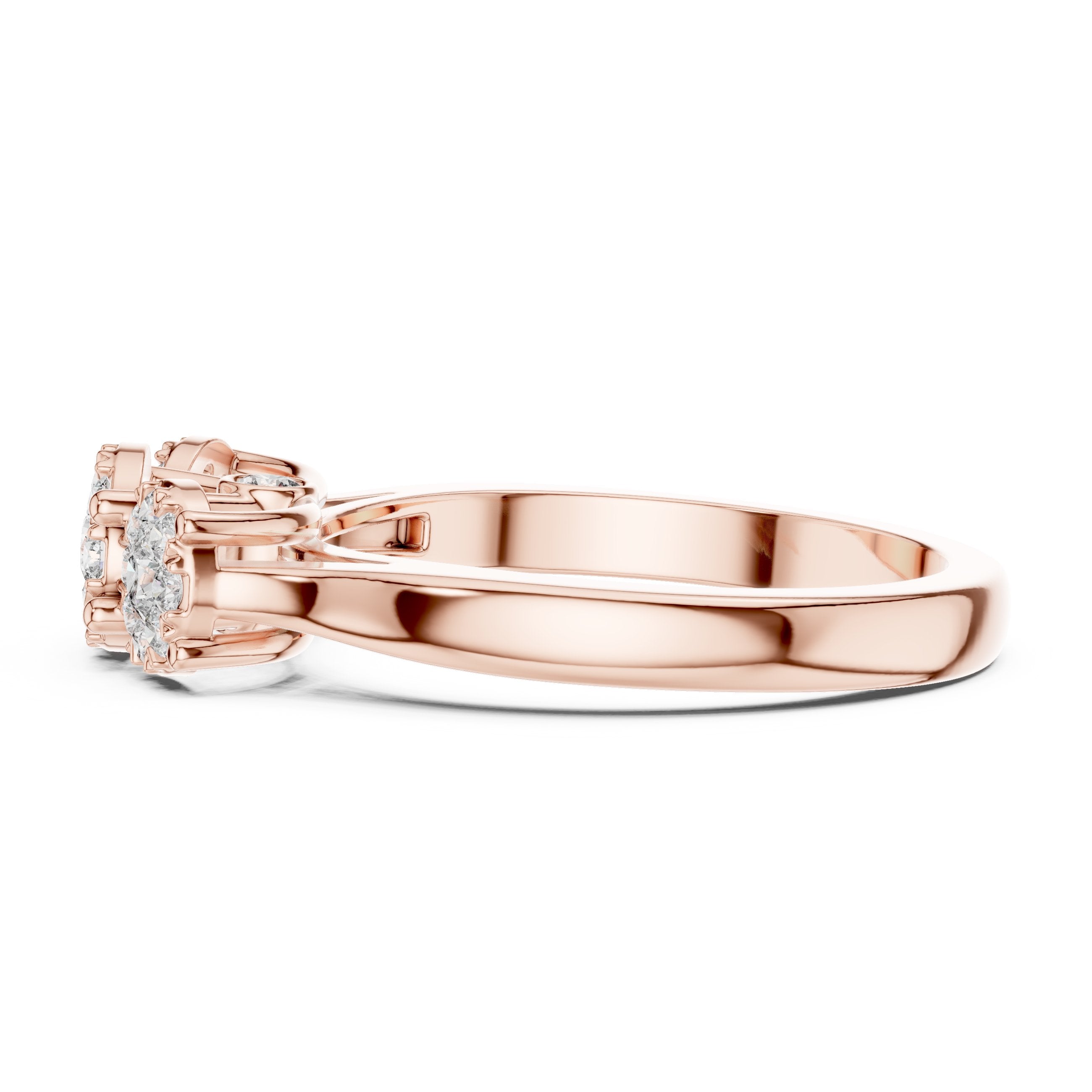 Three Cluster Halo Trilogy Diamond Engagement Ring in Rose Gold - VYKA Diamonds