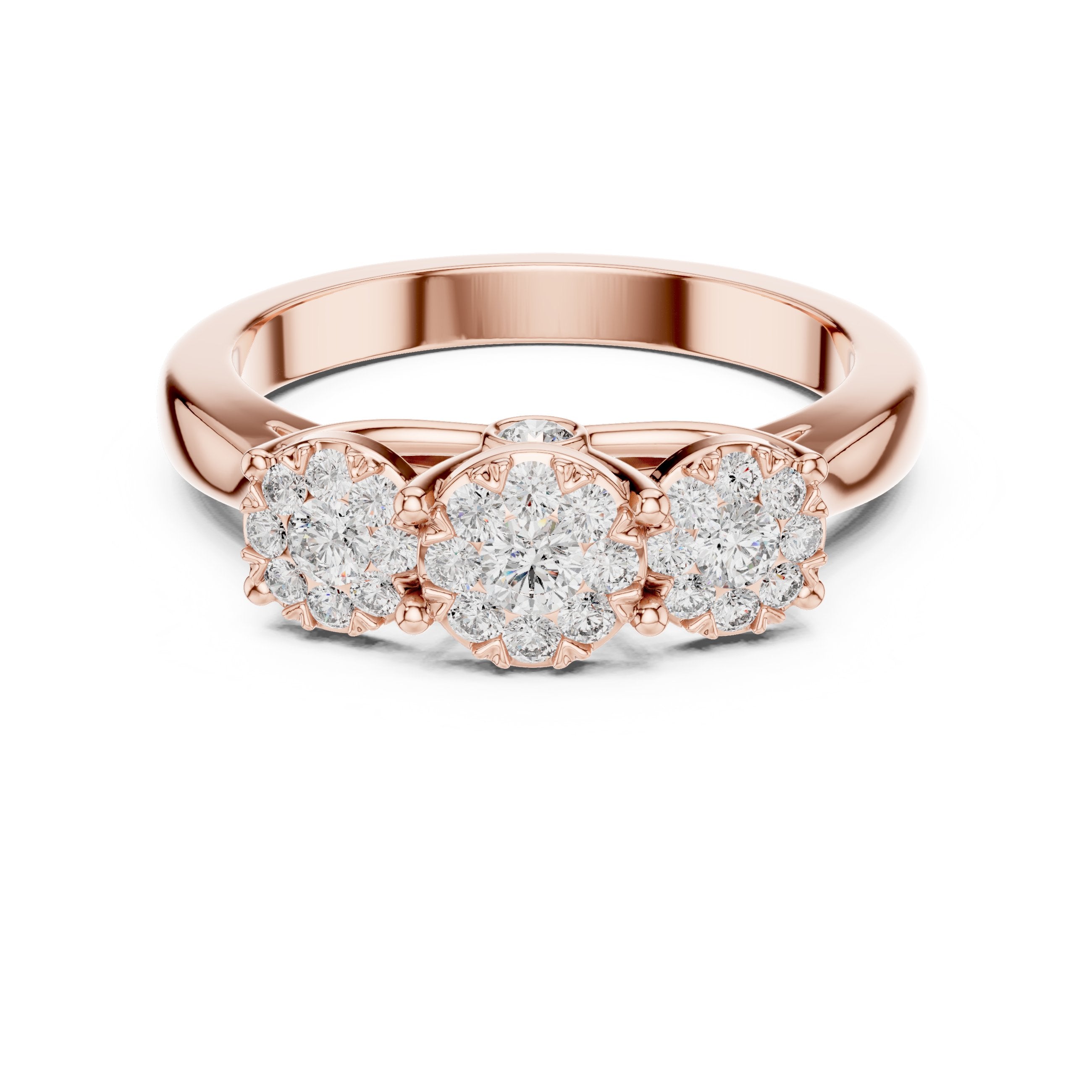 Three Cluster Halo Trilogy Diamond Engagement Ring in Rose Gold - VYKA Diamonds
