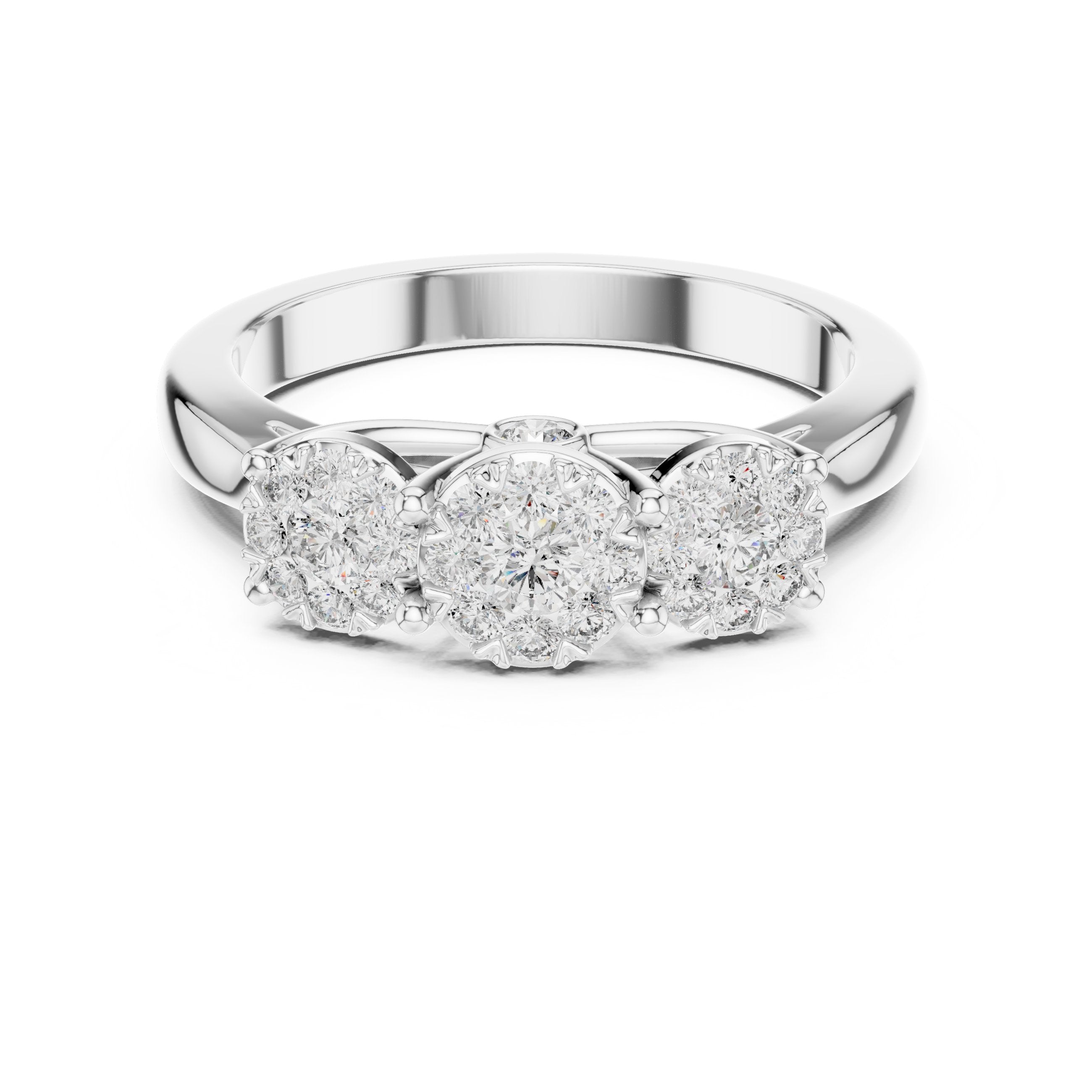 Three Cluster Halo Trilogy Diamond Engagement Ring in White Gold - VYKA Diamonds