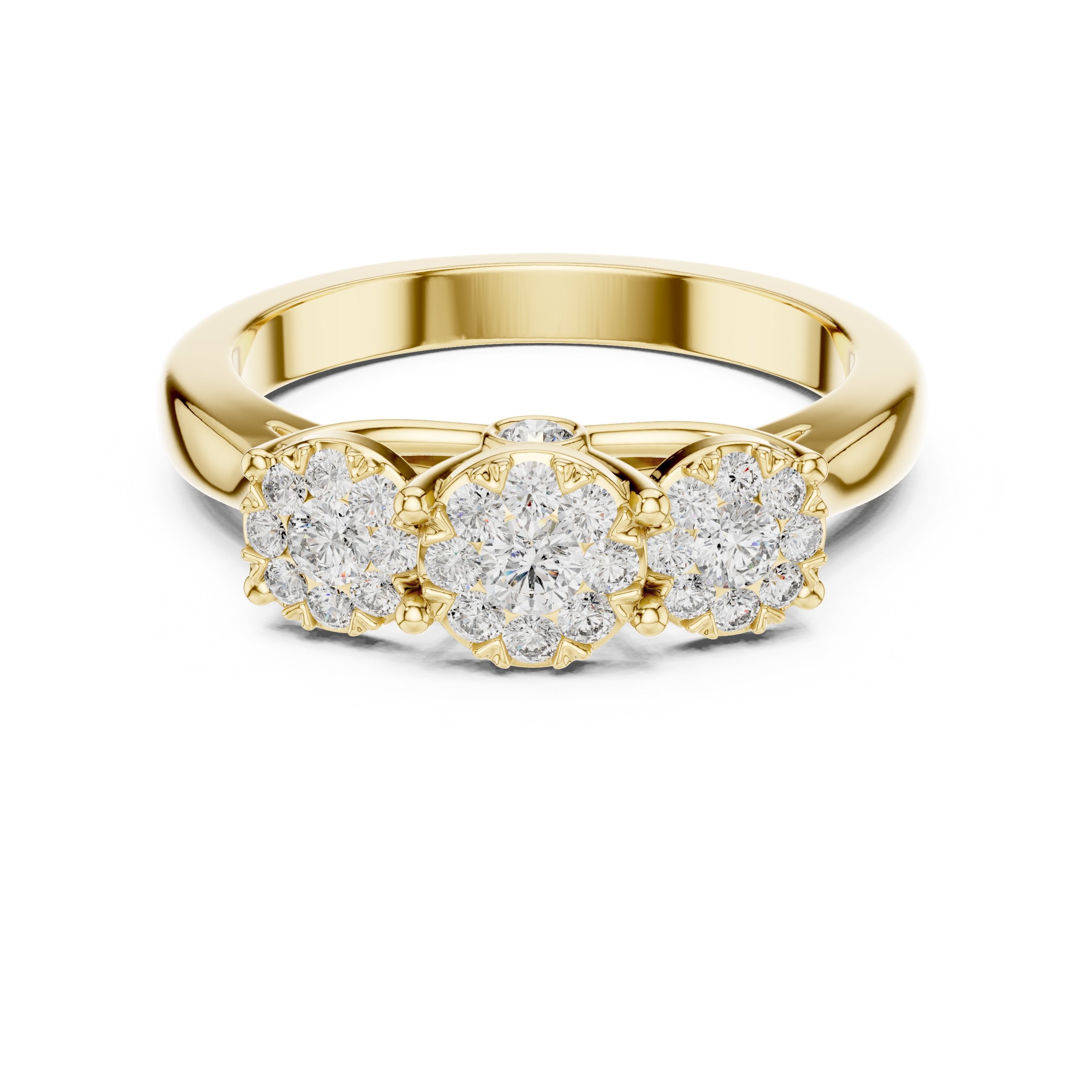 Three Cluster Halo Trilogy Diamond Engagement Ring in Yellow Gold - VYKA Diamonds