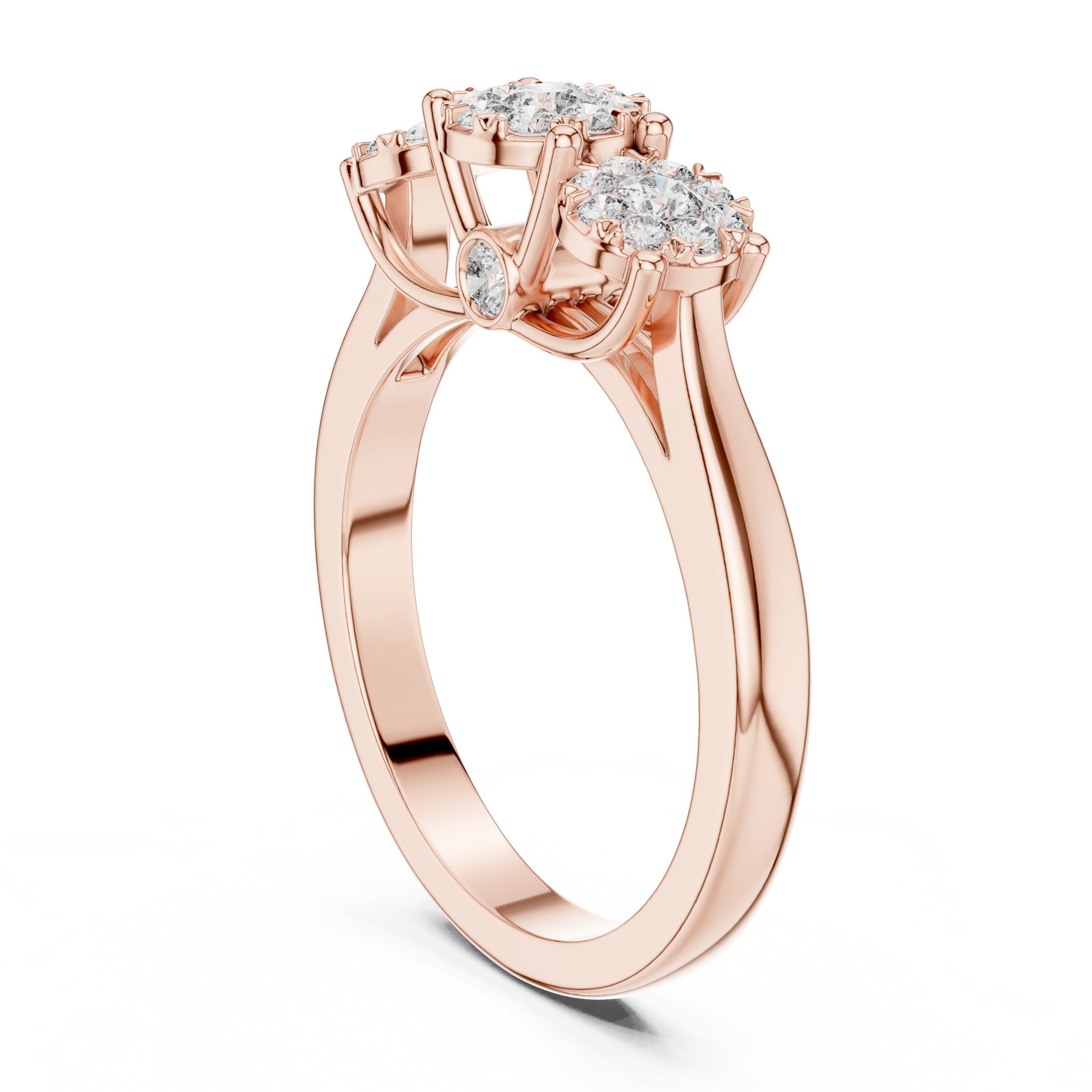Three Cluster Halo Trilogy Diamond Engagement Ring in Rose Gold - VYKA Diamonds