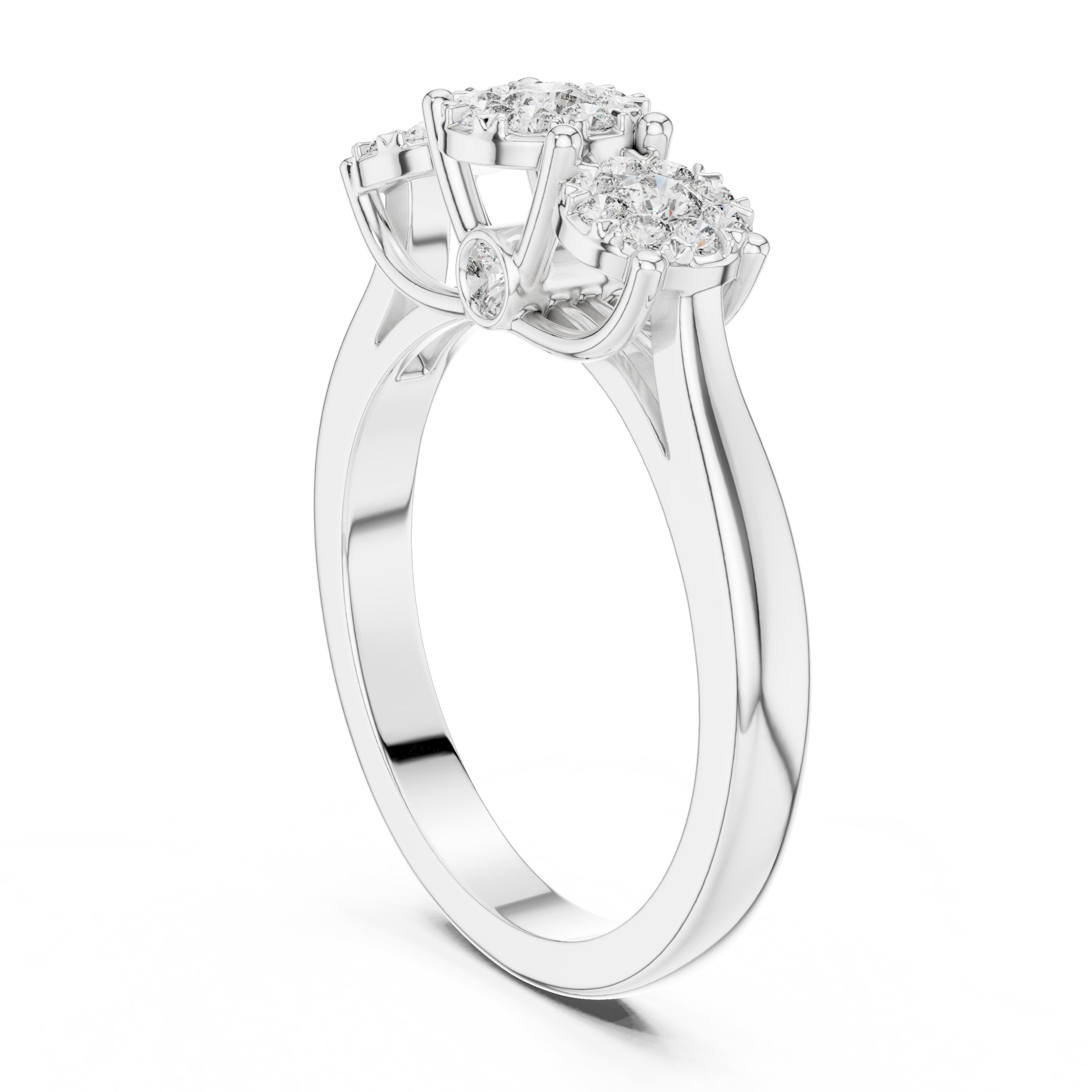 Three Cluster Halo Trilogy Diamond Engagement Ring in White Gold - VYKA Diamonds