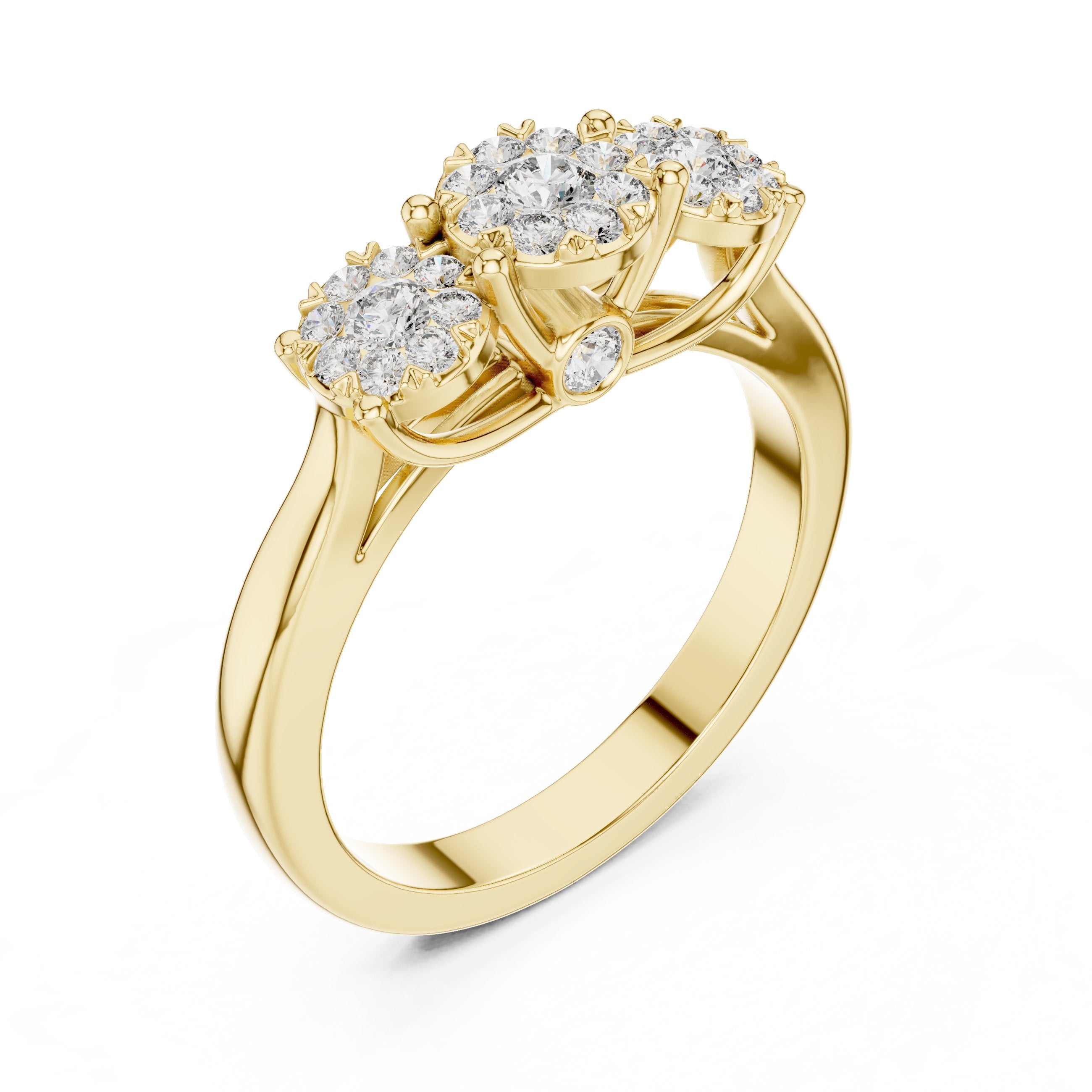 Three Cluster Halo Trilogy Diamond Engagement Ring in Yellow Gold - VYKA Diamonds