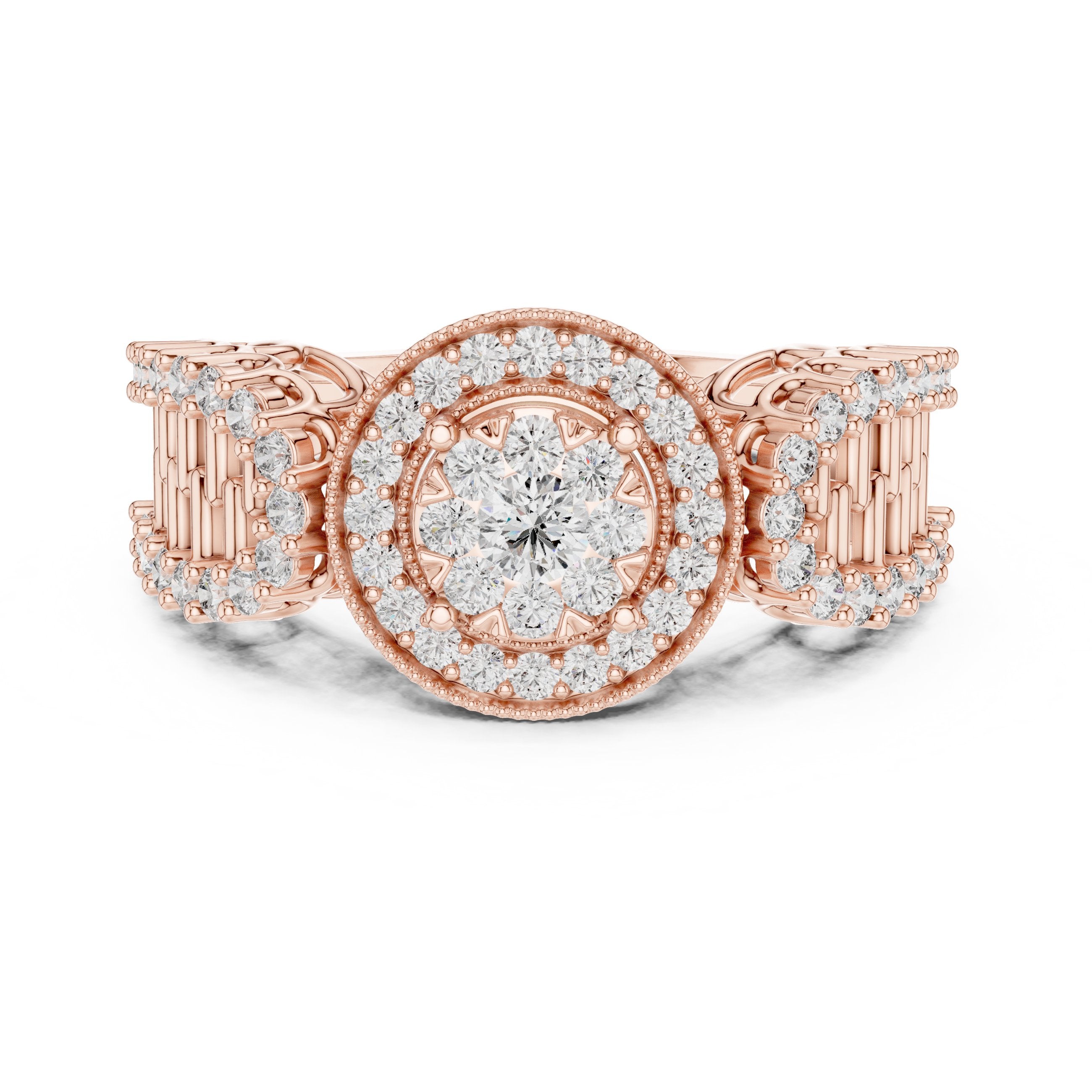 خاتم خطوبة عنقودي مستدير بهالة وسادية وكتفين باغيت in Rose Gold - VYKA Diamonds