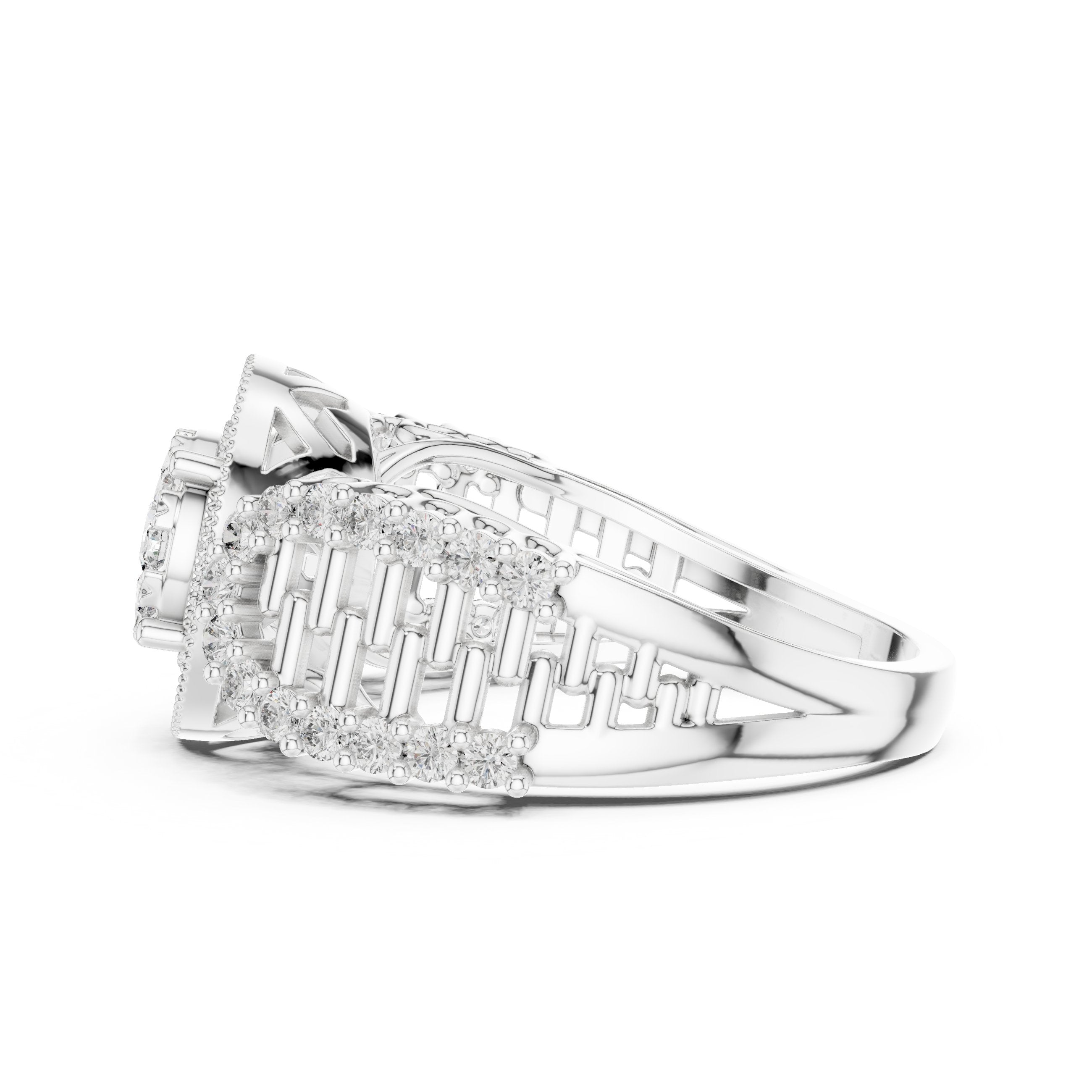 خاتم خطوبة عنقودي مستدير بهالة وسادية وكتفين باغيت in White Gold - VYKA Diamonds