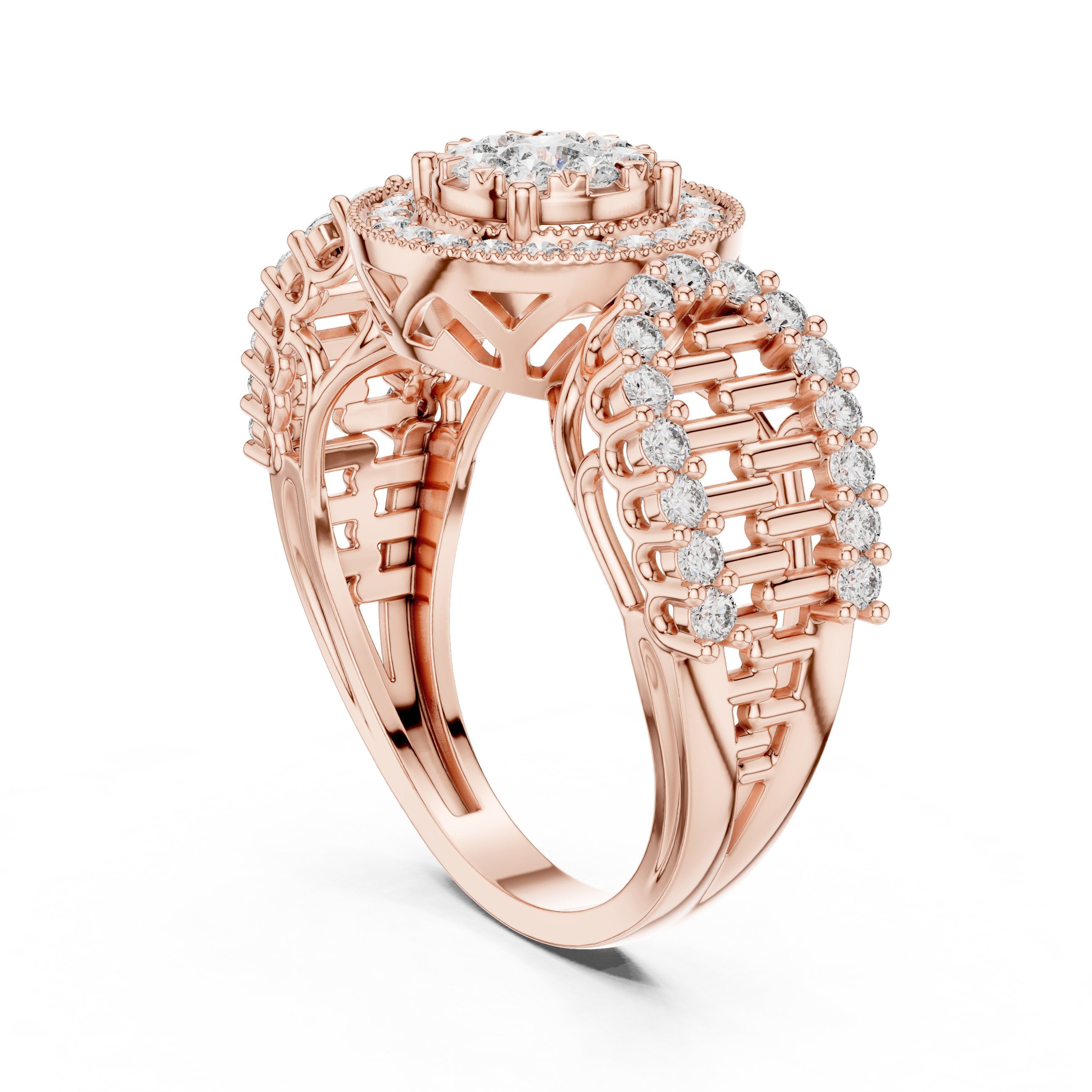 خاتم خطوبة عنقودي مستدير بهالة وسادية وكتفين باغيت in Rose Gold - VYKA Diamonds