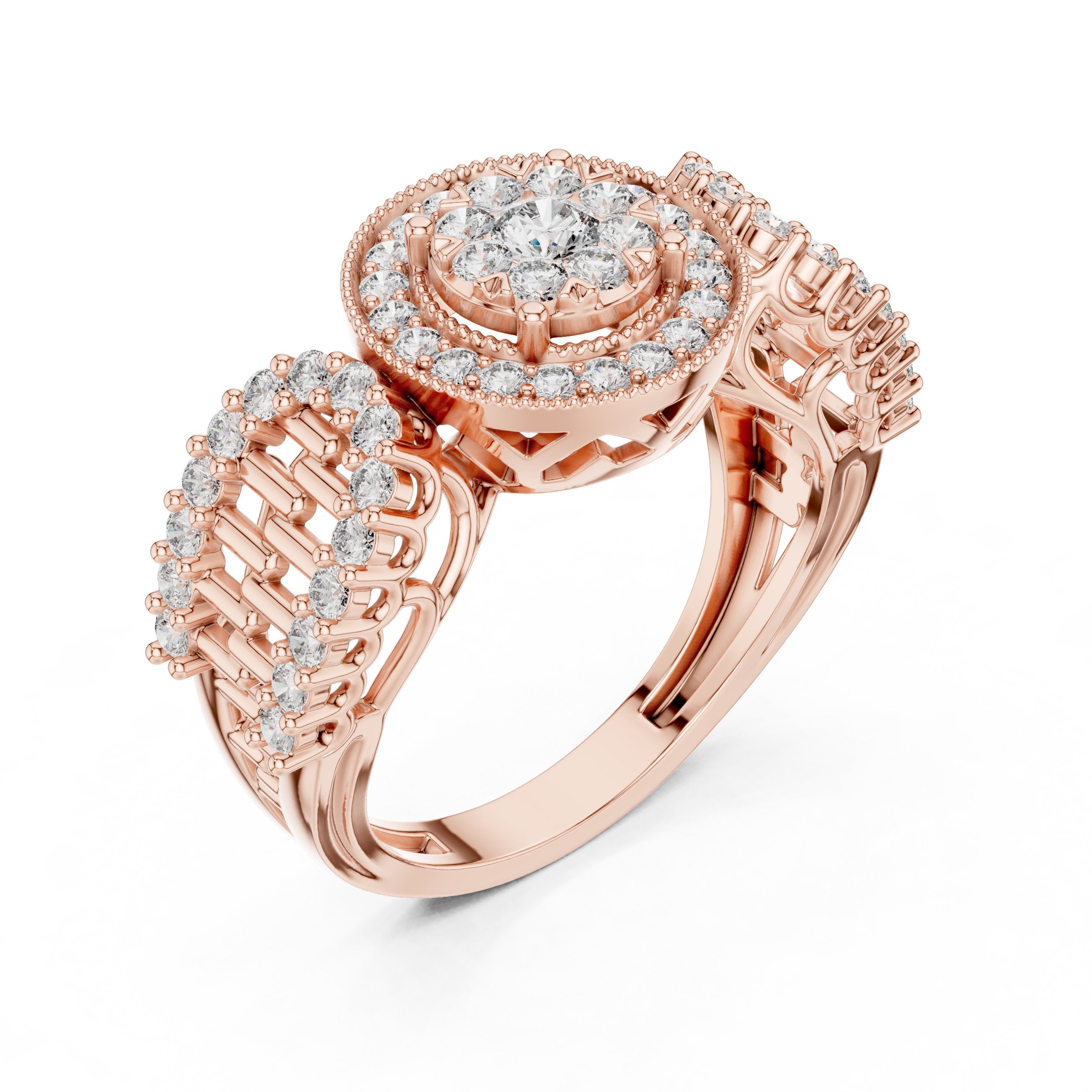 خاتم خطوبة عنقودي مستدير بهالة وسادية وكتفين باغيت in Rose Gold - VYKA Diamonds