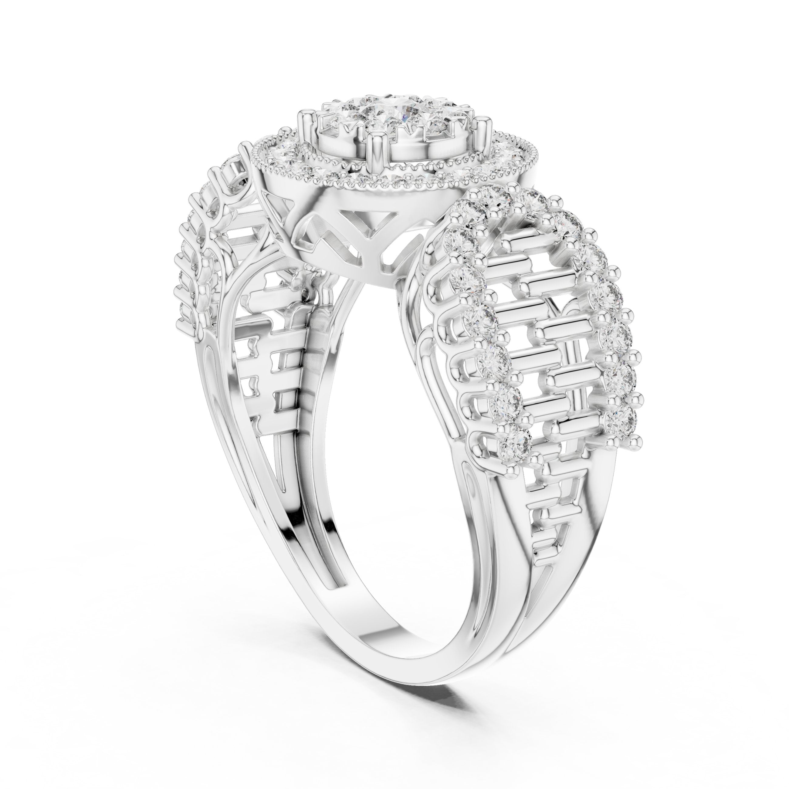 خاتم خطوبة عنقودي مستدير بهالة وسادية وكتفين باغيت in White Gold - VYKA Diamonds
