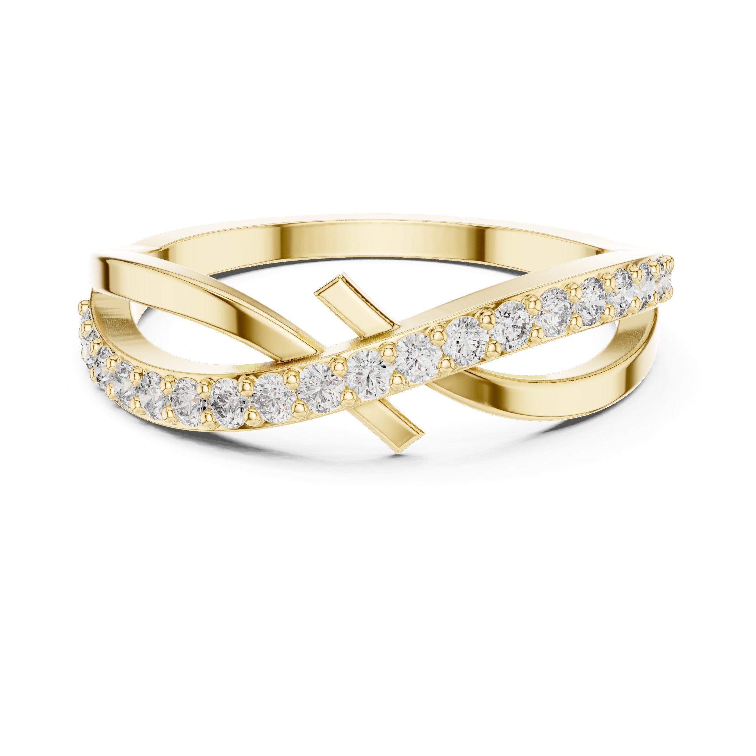 Ribbon Crossover Pave Diamond Ring in Yellow Gold - VYKA Diamonds