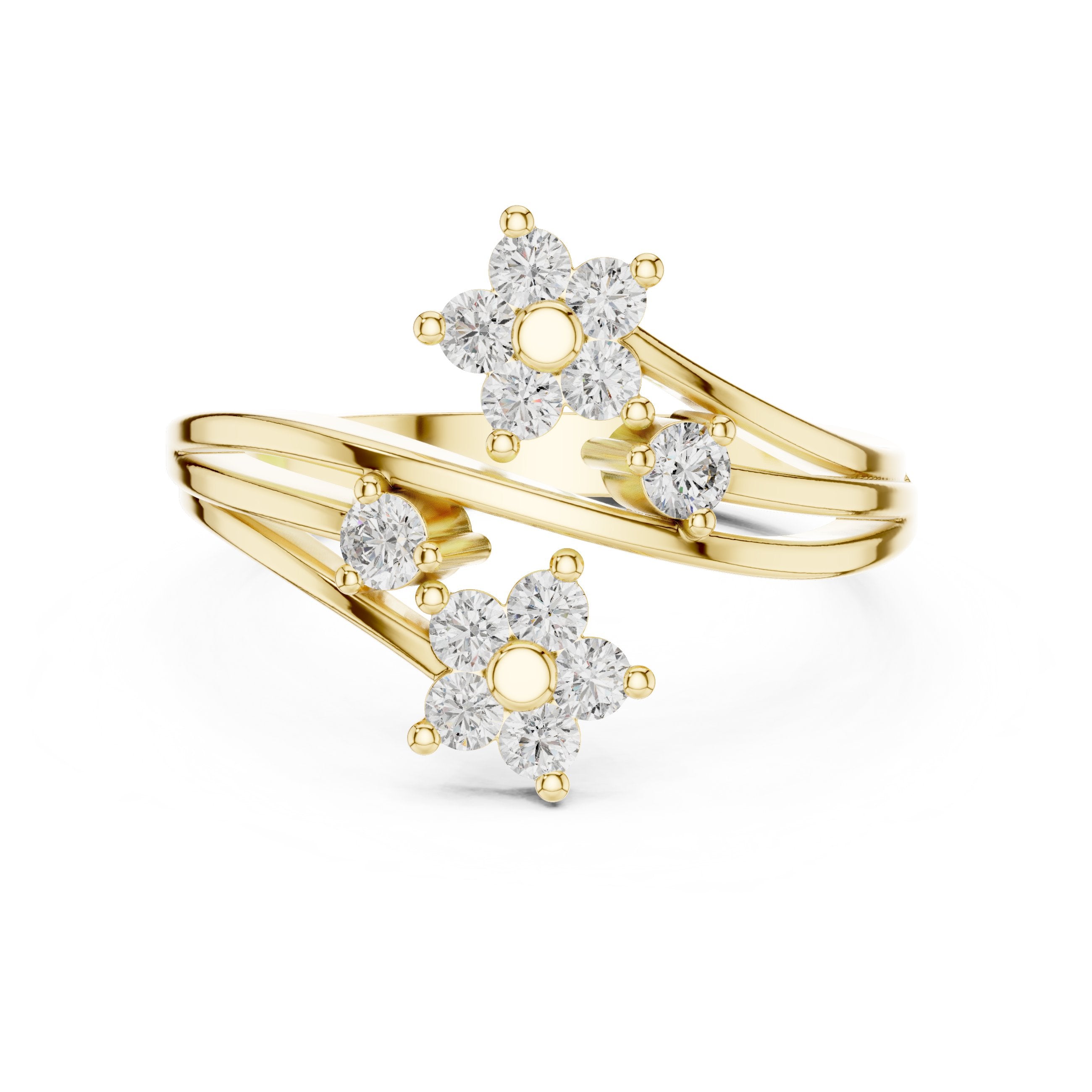 Round Diamond Twin Daisy Bypass Ring in Yellow Gold - VYKA Diamonds
