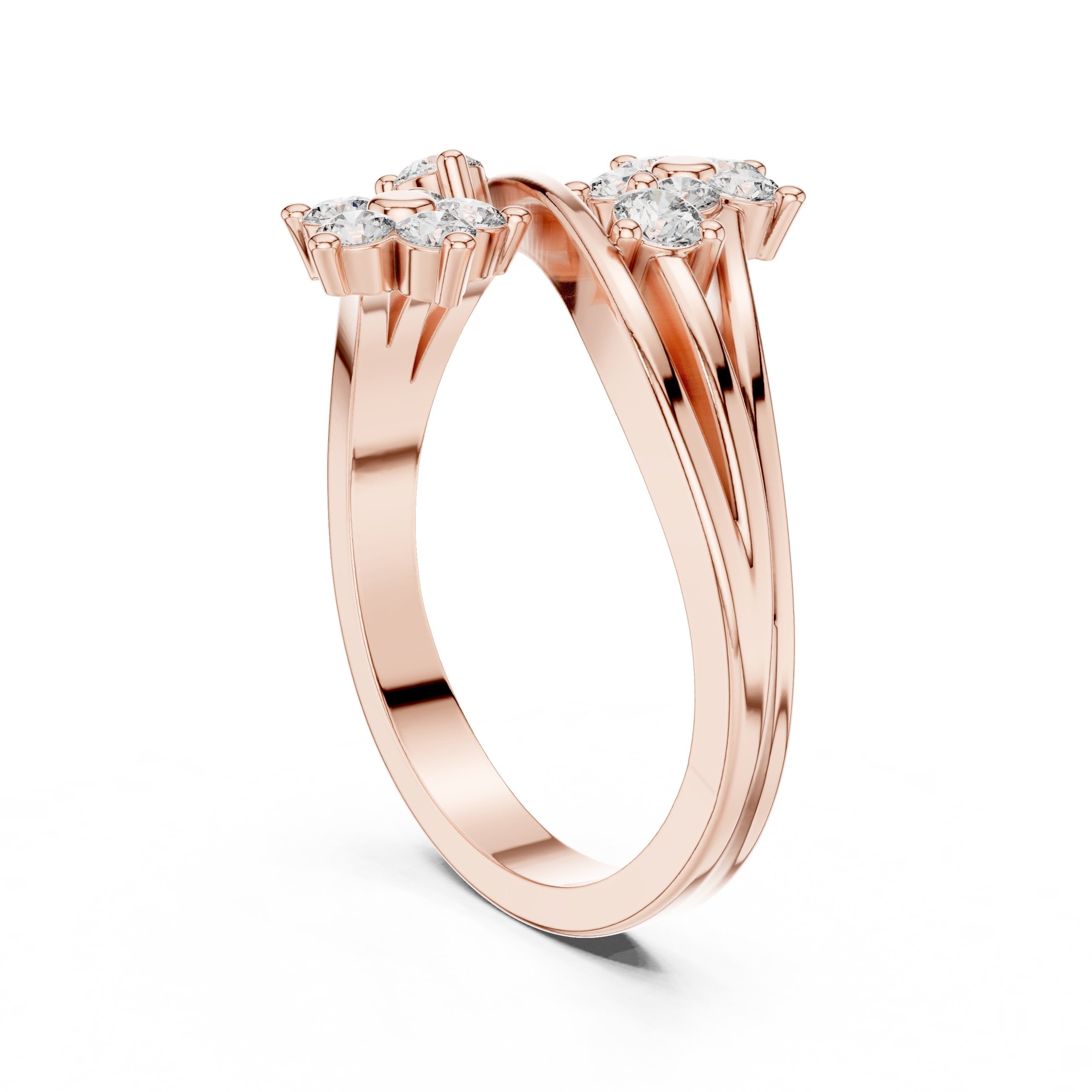 Round Diamond Twin Daisy Bypass Ring in Rose Gold - VYKA Diamonds