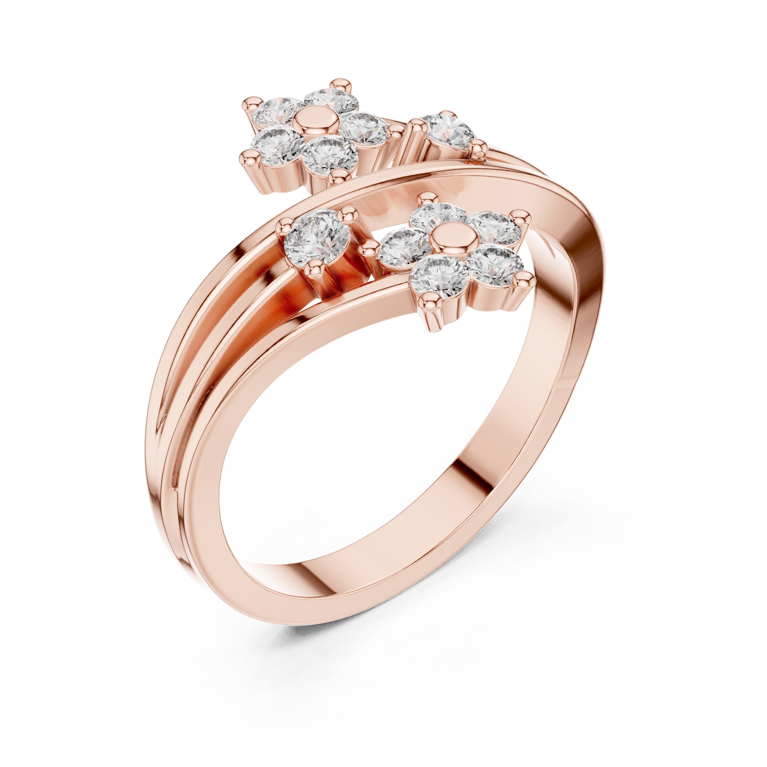 Round Diamond Twin Daisy Bypass Ring in Rose Gold - VYKA Diamonds