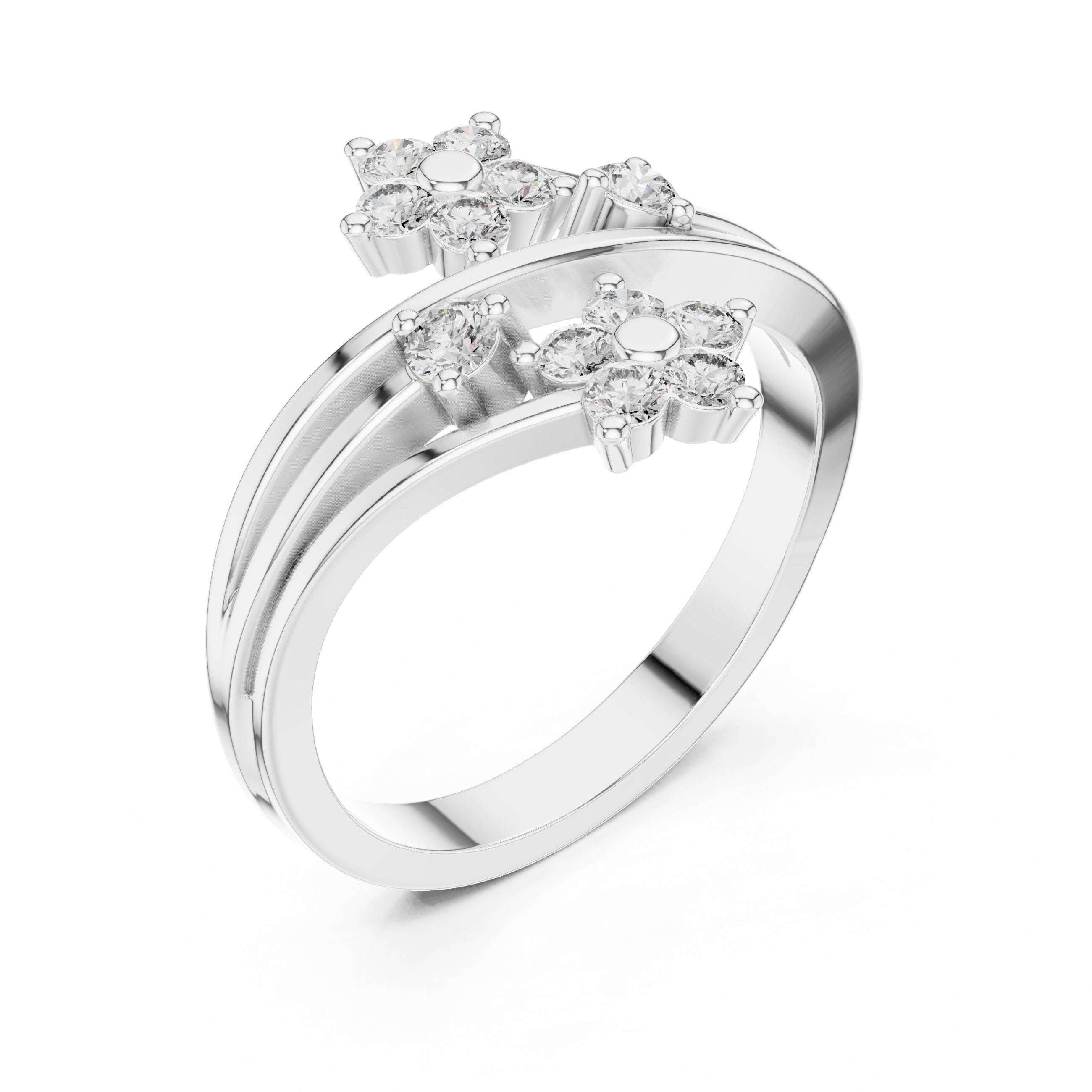 Round Diamond Twin Daisy Bypass Ring in White Gold - VYKA Diamonds