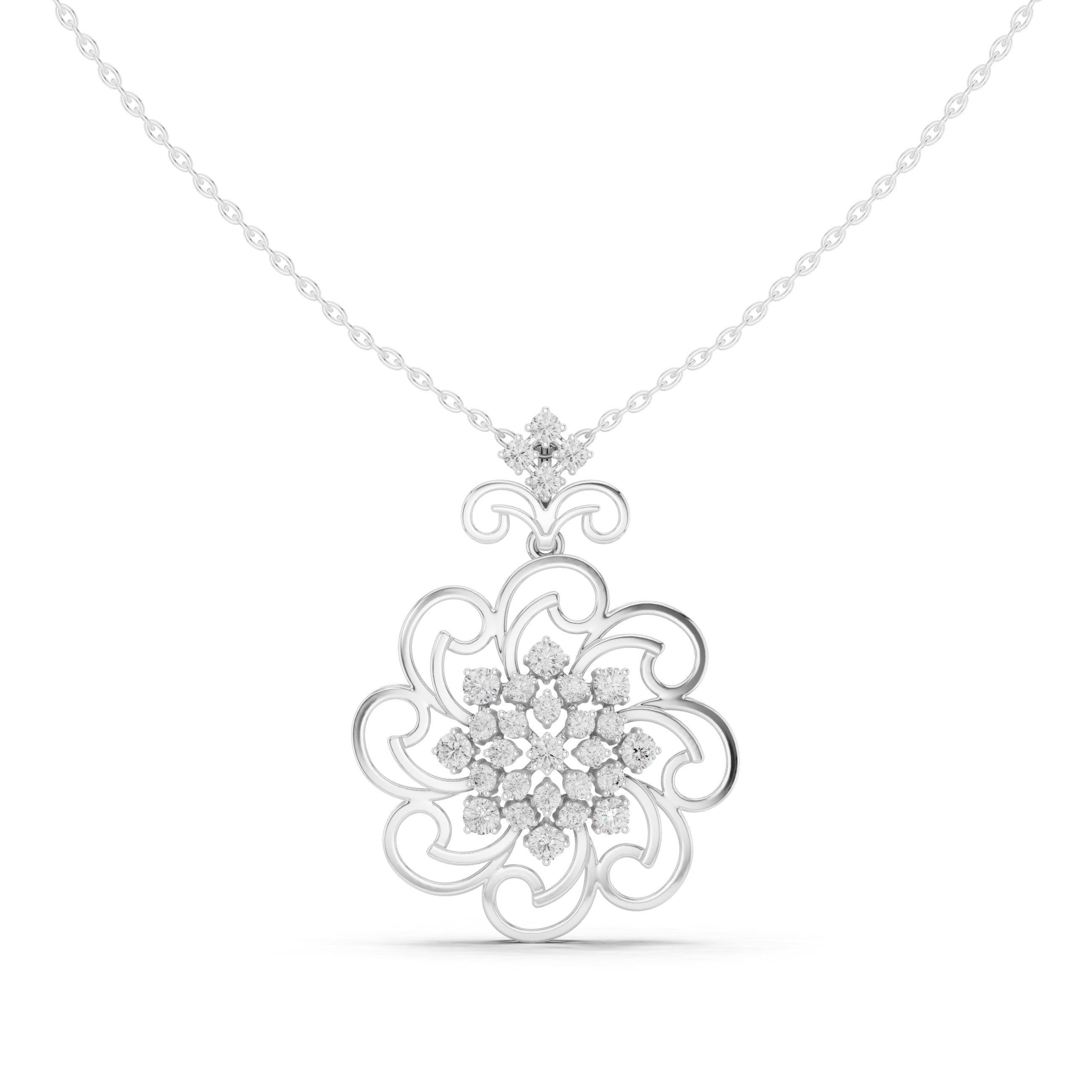 Scrollwork Floral Bloom Diamond Pendant in White Gold - VYKA Diamonds